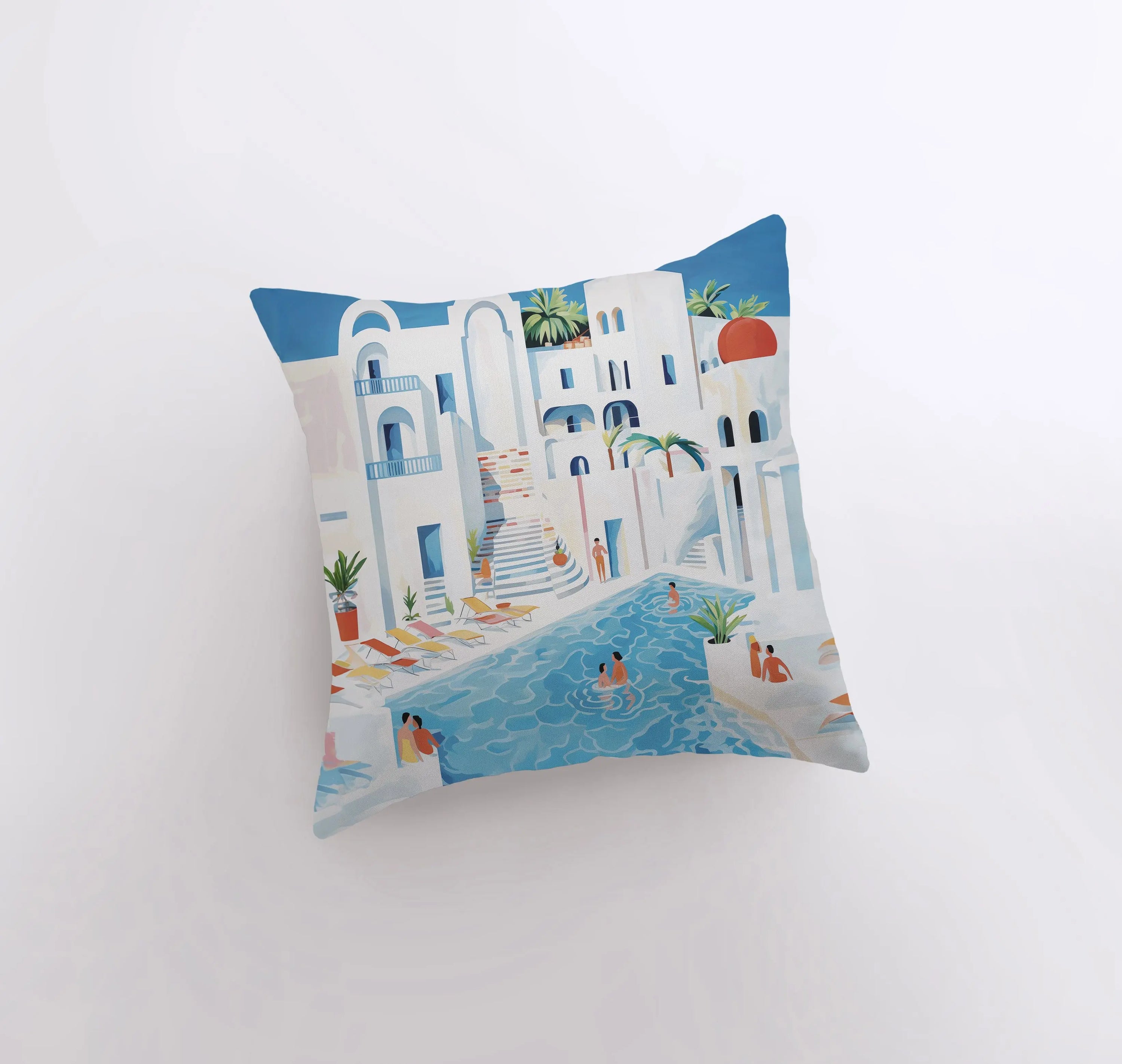 Greek Villa abstract gouache painting throw pillow with concealed zipper, available in multiple sizes and made from a durable cotton/polyester blend.