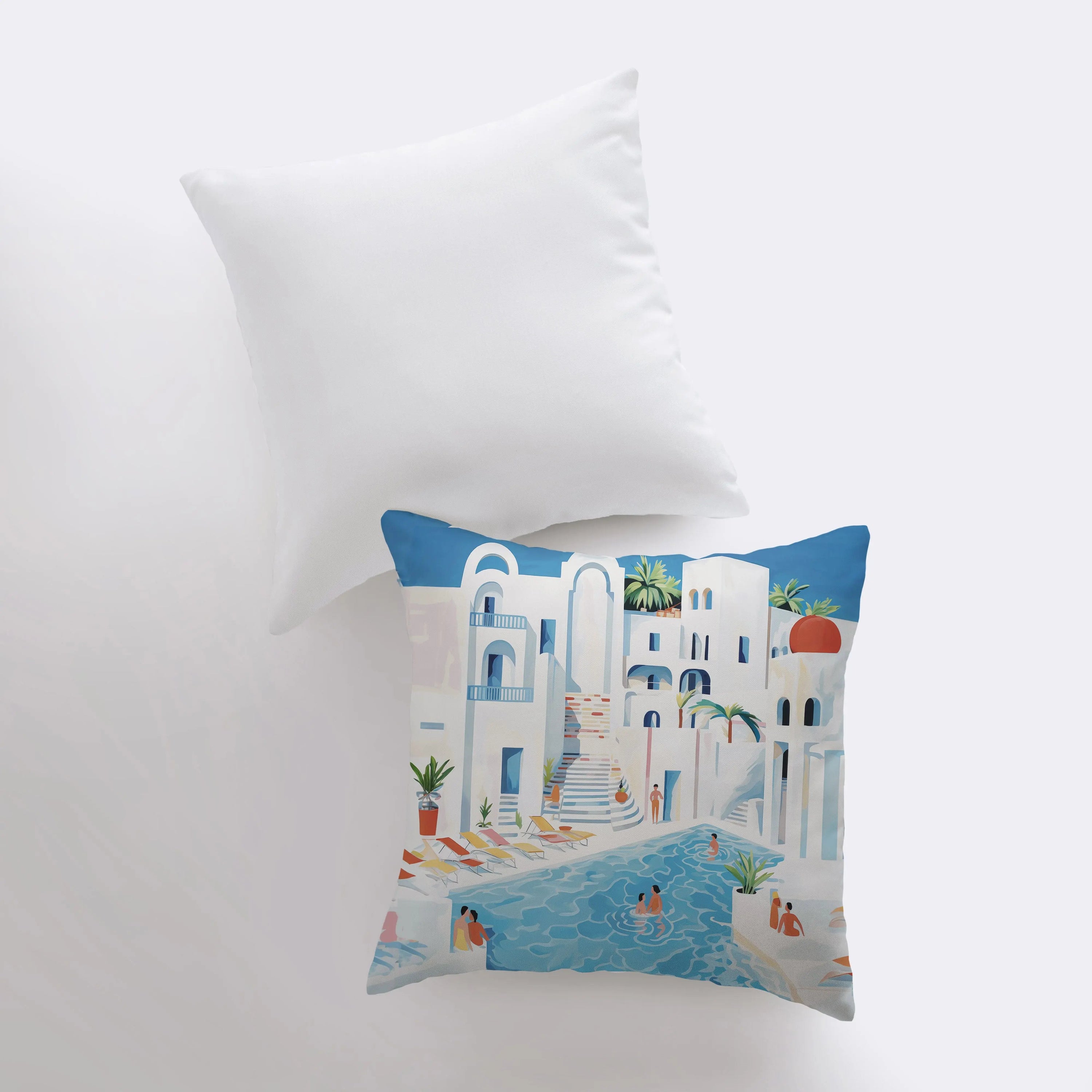 Greek Villa abstract gouache painting throw pillow with concealed zipper, available in multiple sizes and made from a durable cotton/polyester blend.