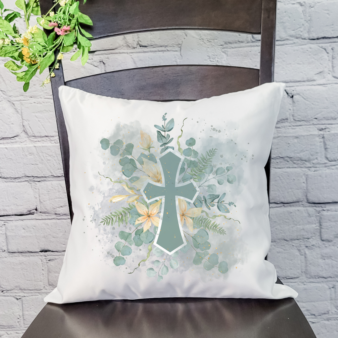 Green Cross Art Pillow Cover featuring original Spring designs in soft polyester linen with a hidden zipper.