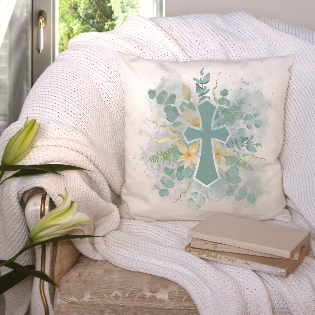 Green Cross Art Pillow Cover featuring original Spring designs in soft polyester linen with a hidden zipper.