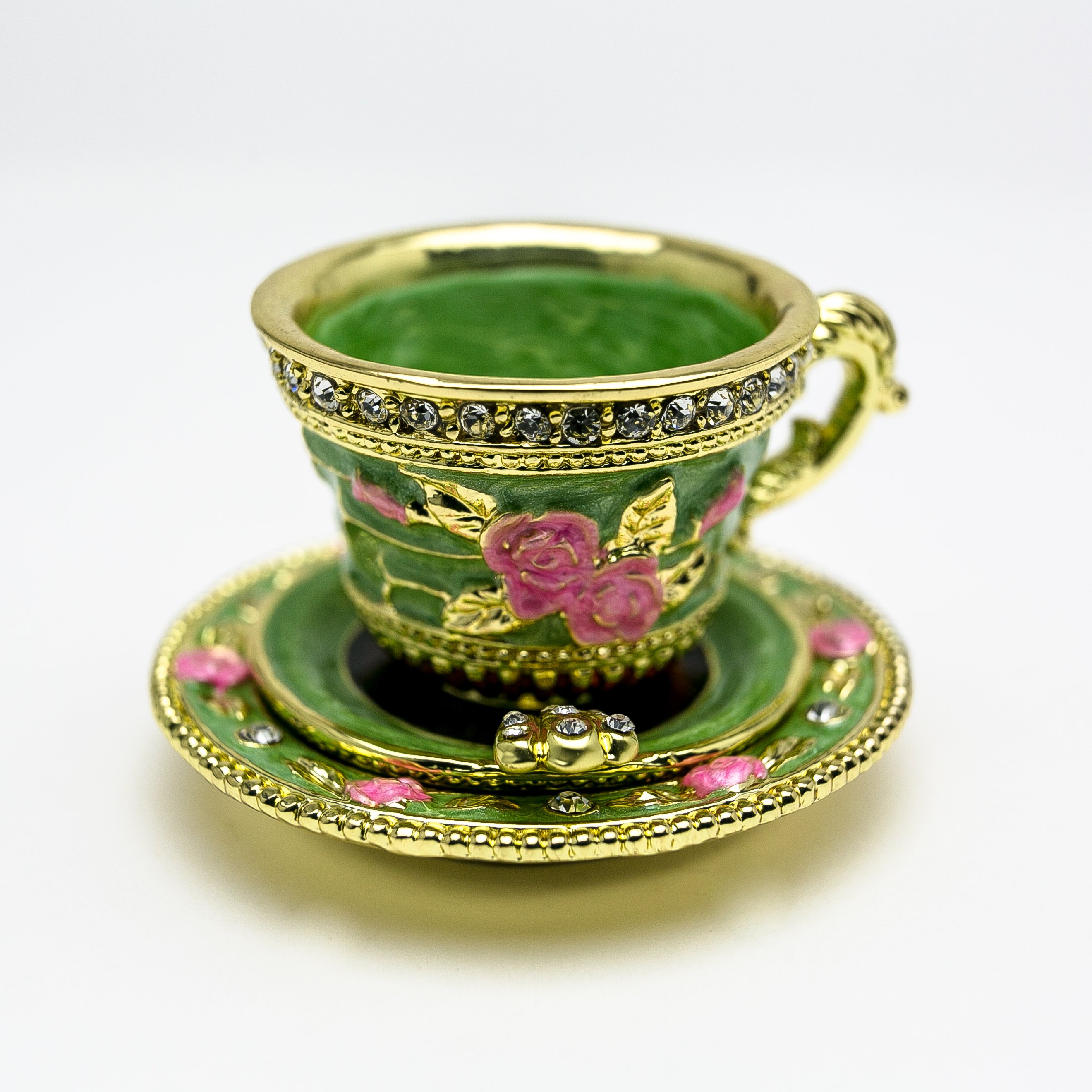 A beautifully handcrafted Green Cup of Tea trinket box adorned with Austrian crystals and plated with 24K gold, showcasing intricate enamel work.