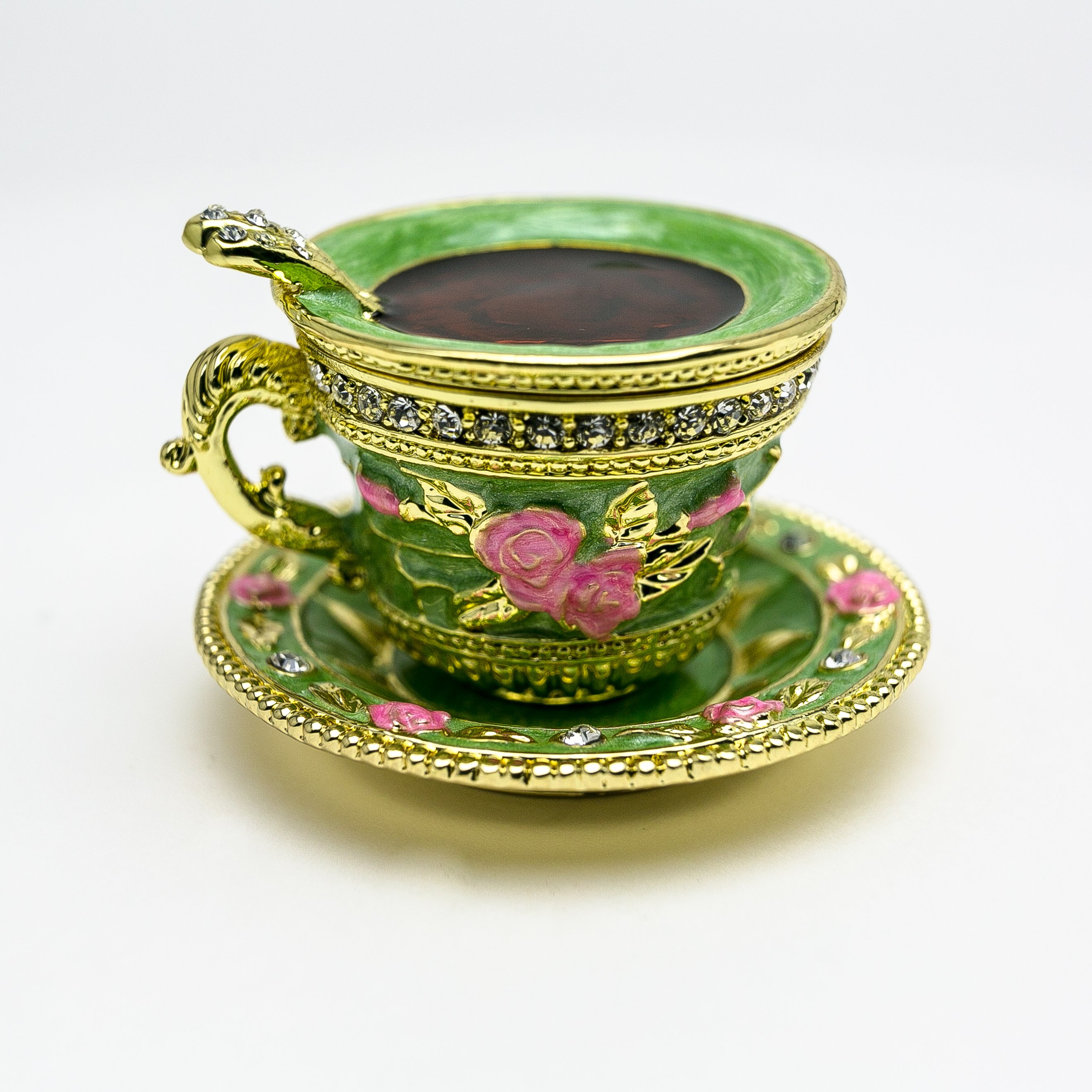 A beautifully handcrafted Green Cup of Tea trinket box adorned with Austrian crystals and plated with 24K gold, showcasing intricate enamel work.