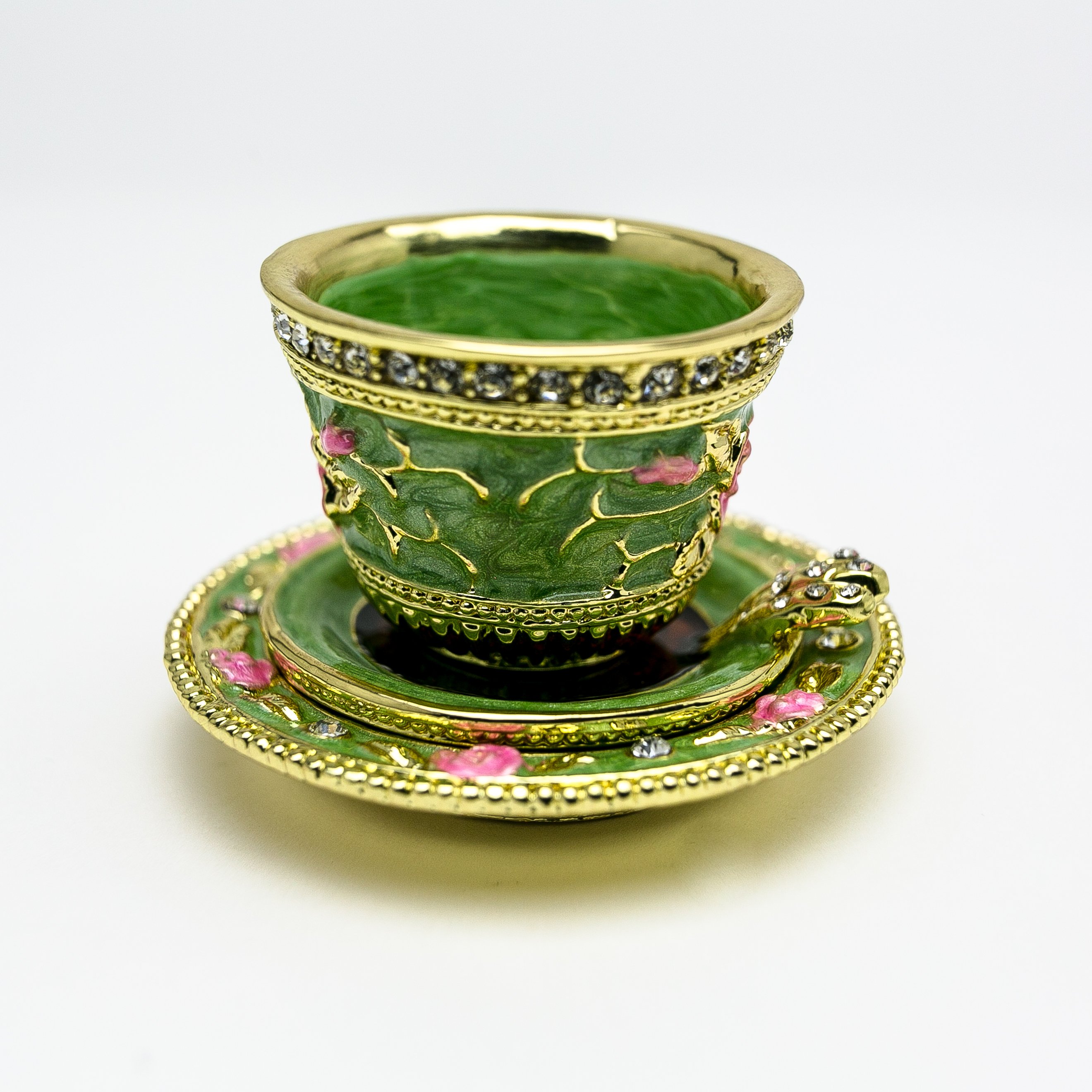 A beautifully handcrafted Green Cup of Tea trinket box adorned with Austrian crystals and plated with 24K gold, showcasing intricate enamel work.