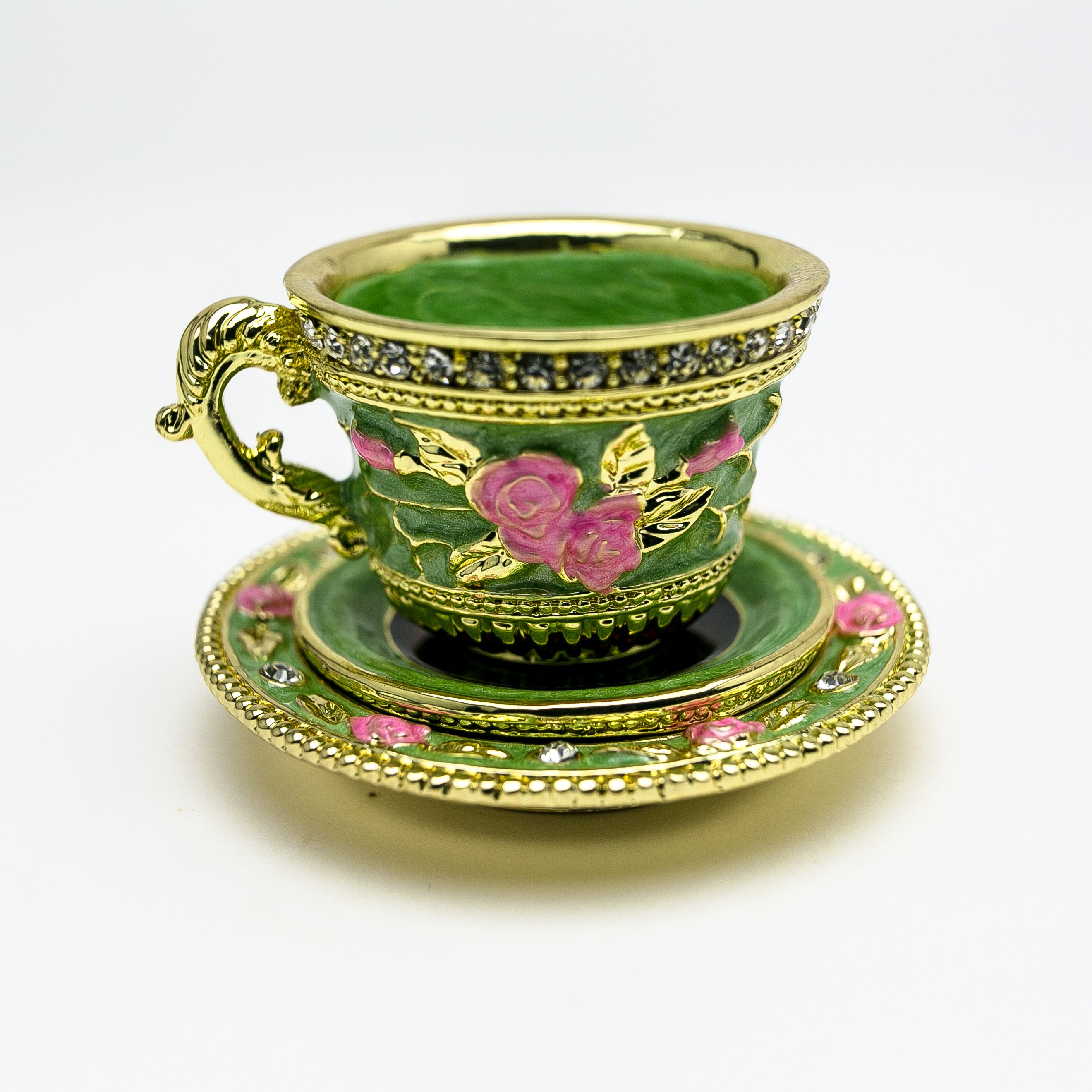 A beautifully handcrafted Green Cup of Tea trinket box adorned with Austrian crystals and plated with 24K gold, showcasing intricate enamel work.