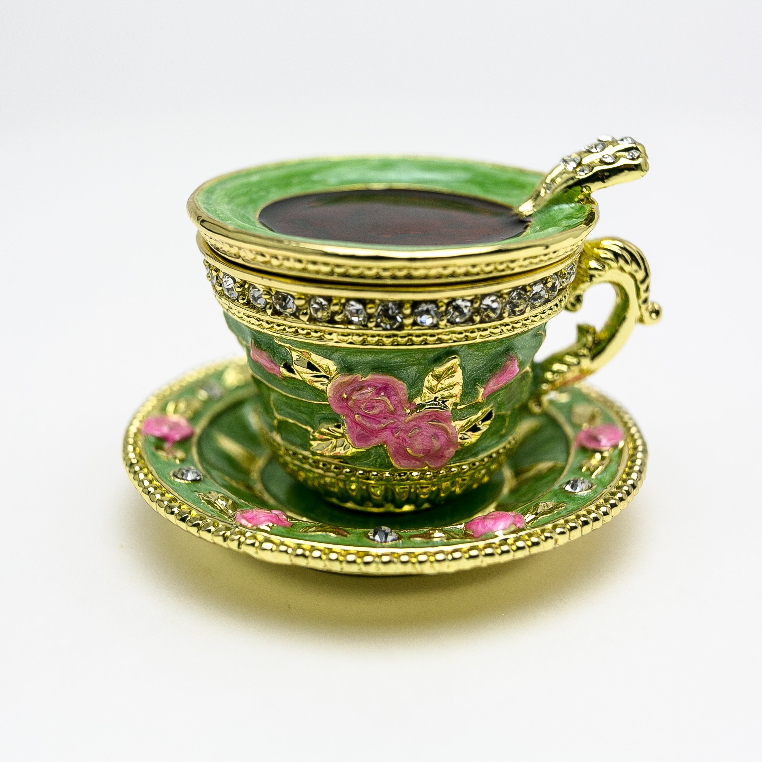 A beautifully handcrafted Green Cup of Tea trinket box adorned with Austrian crystals and plated with 24K gold, showcasing intricate enamel work.