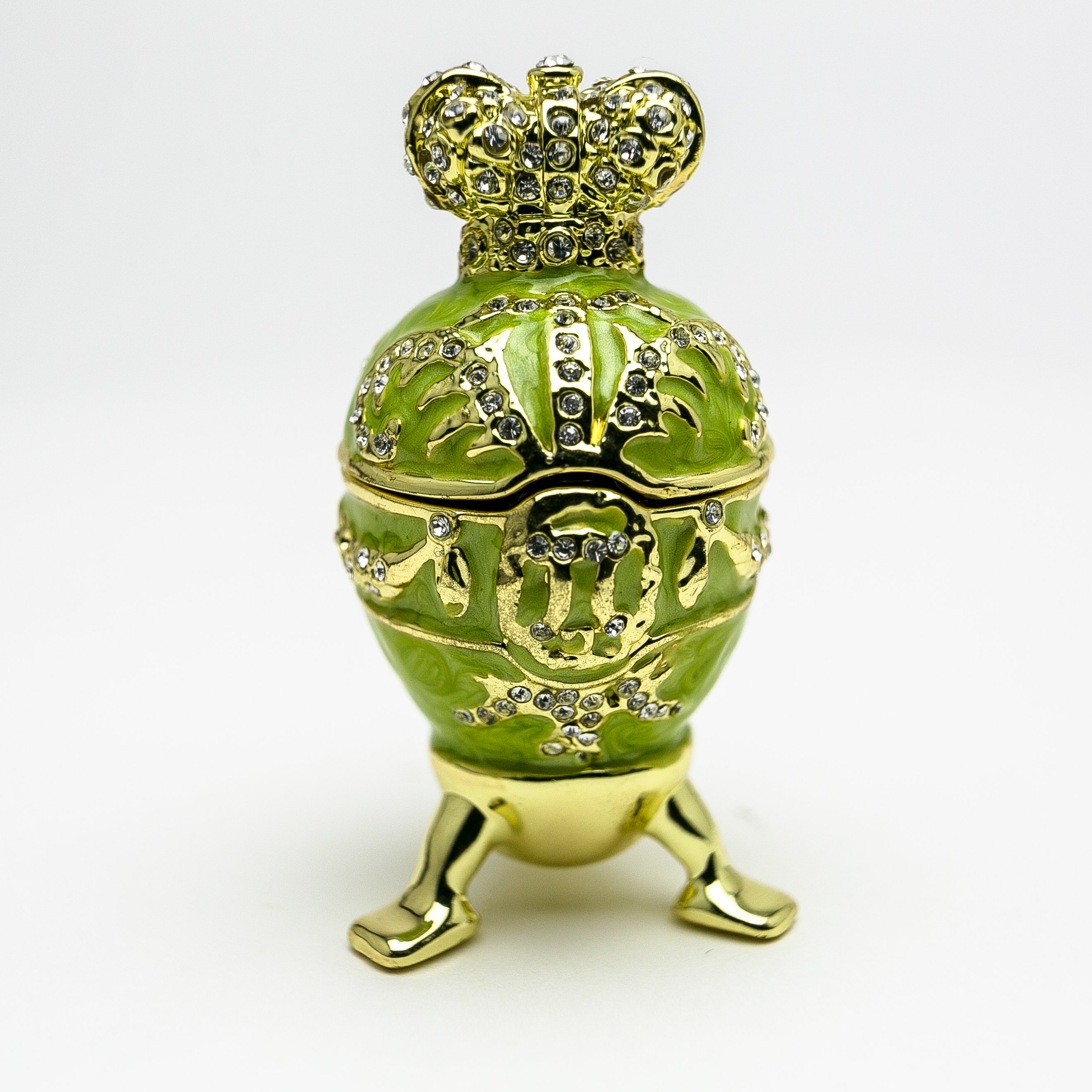 Handmade Green Faberge Egg trinket box with heart on top, adorned with Austrian crystals and 24K gold plating.