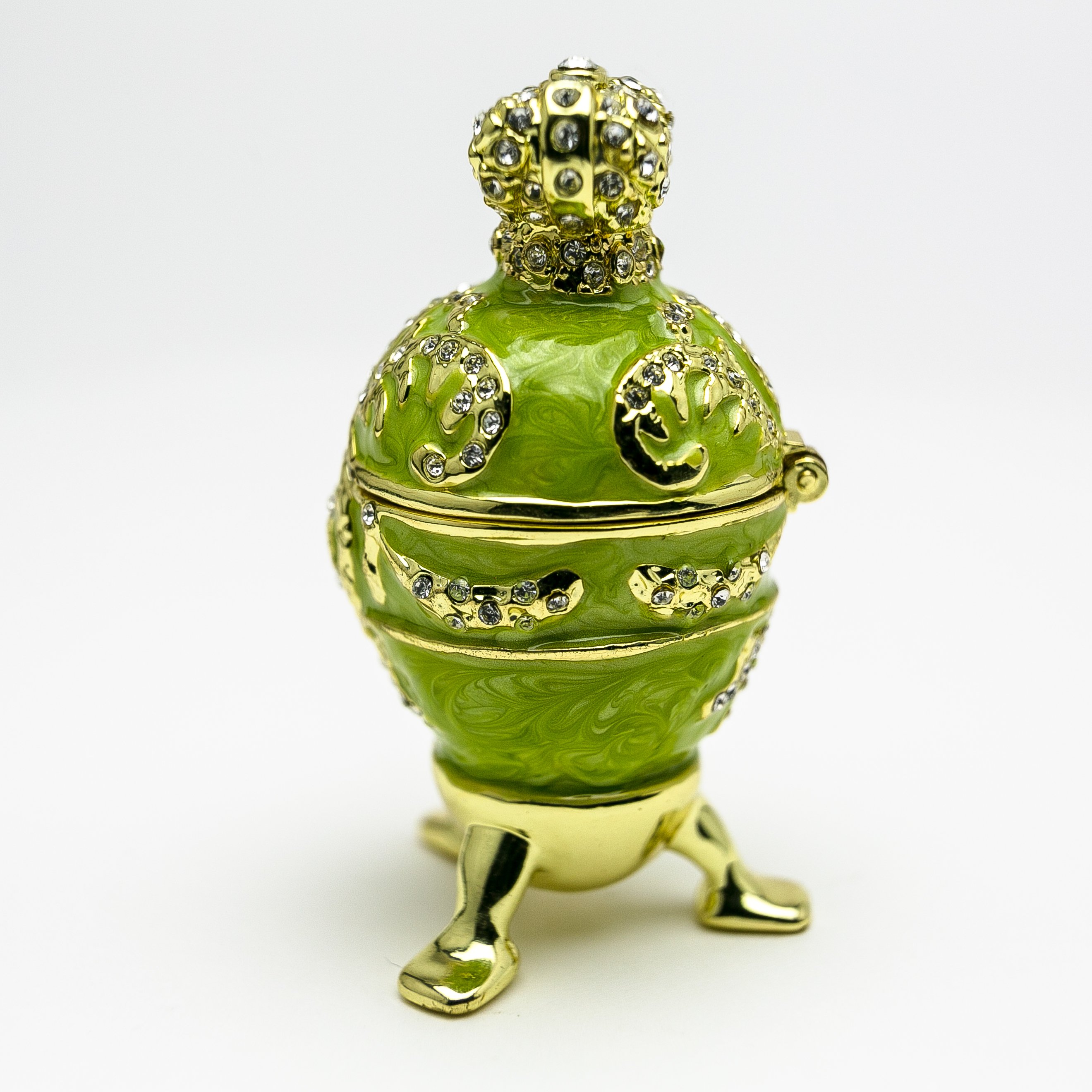 Handmade Green Faberge Egg trinket box with heart on top, adorned with Austrian crystals and 24K gold plating.