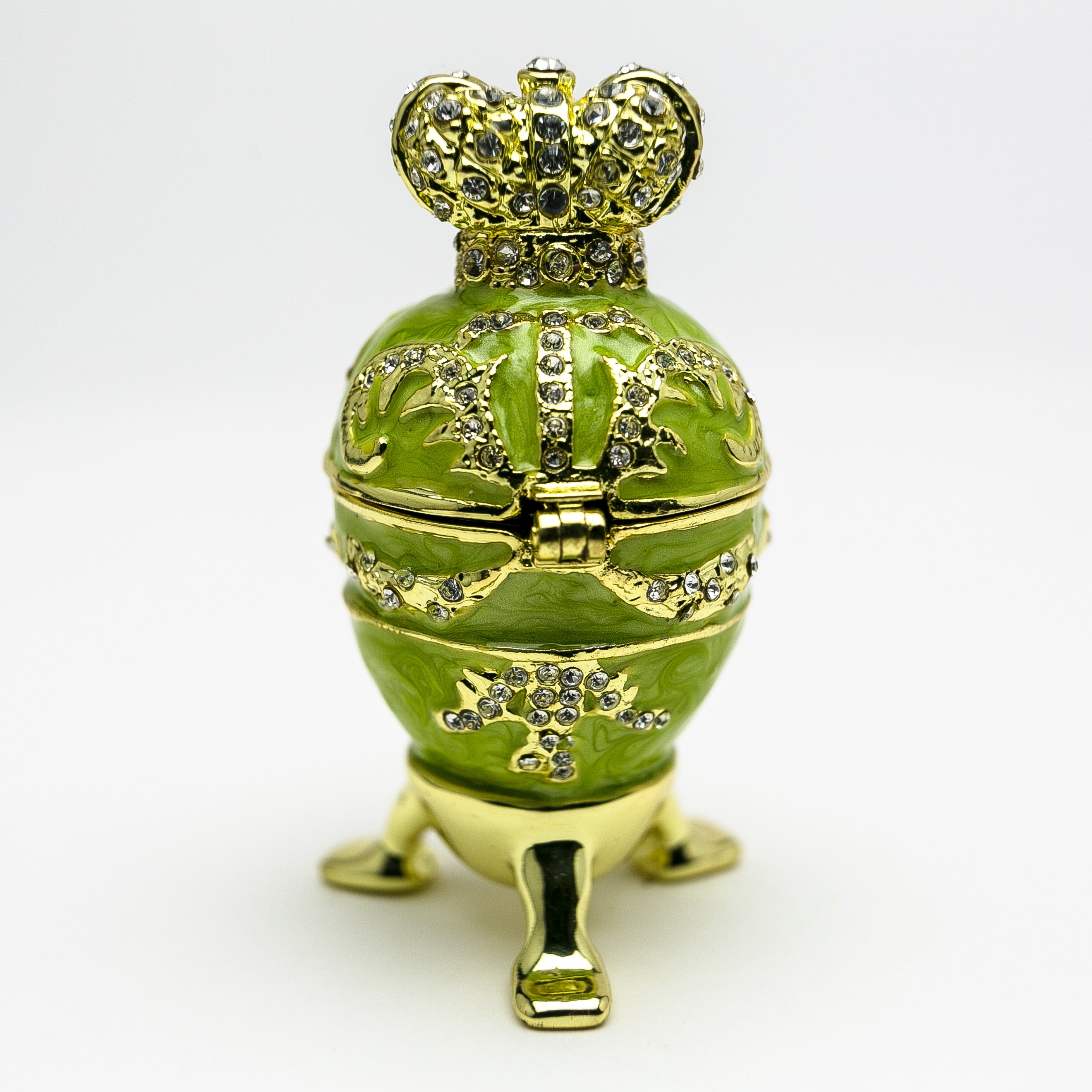 Handmade Green Faberge Egg trinket box with heart on top, adorned with Austrian crystals and 24K gold plating.