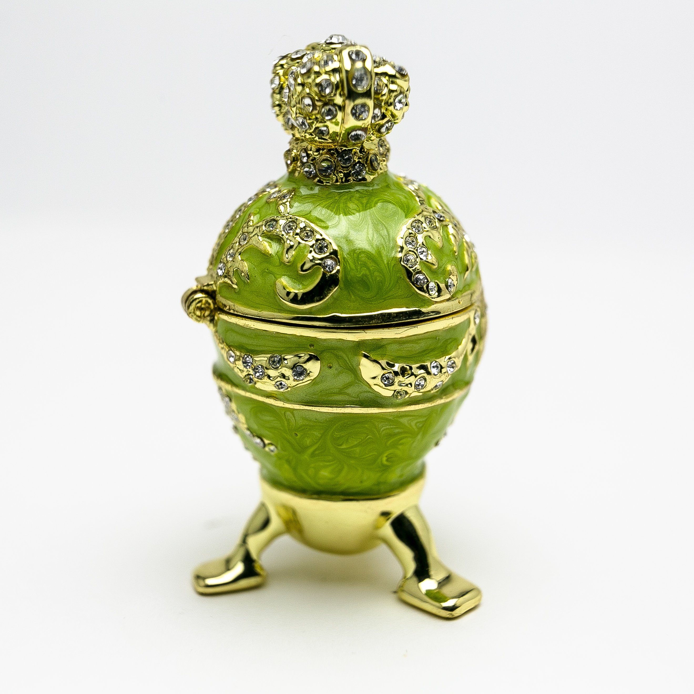 Handmade Green Faberge Egg trinket box with heart on top, adorned with Austrian crystals and 24K gold plating.