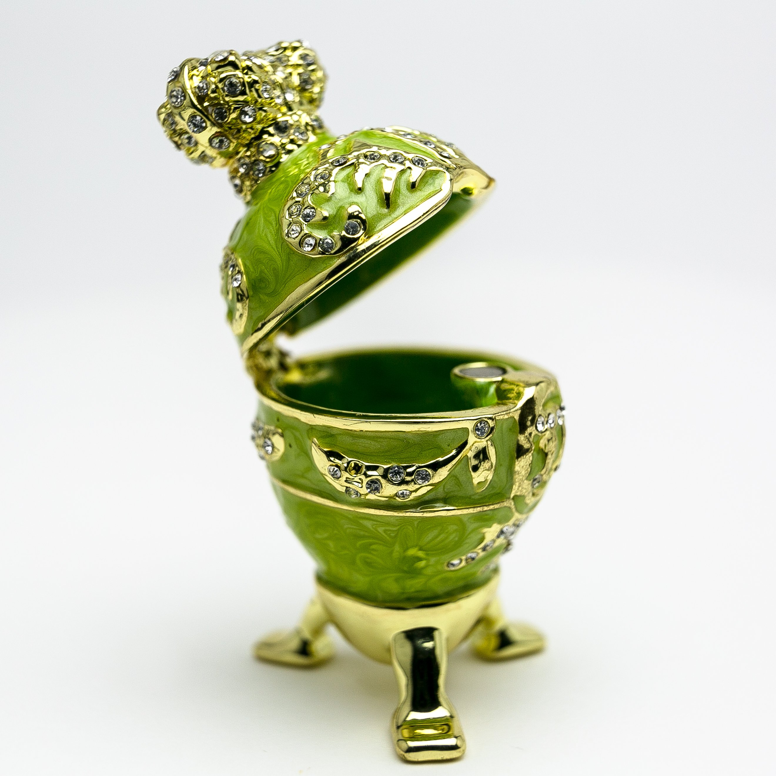 Handmade Green Faberge Egg trinket box with heart on top, adorned with Austrian crystals and 24K gold plating.