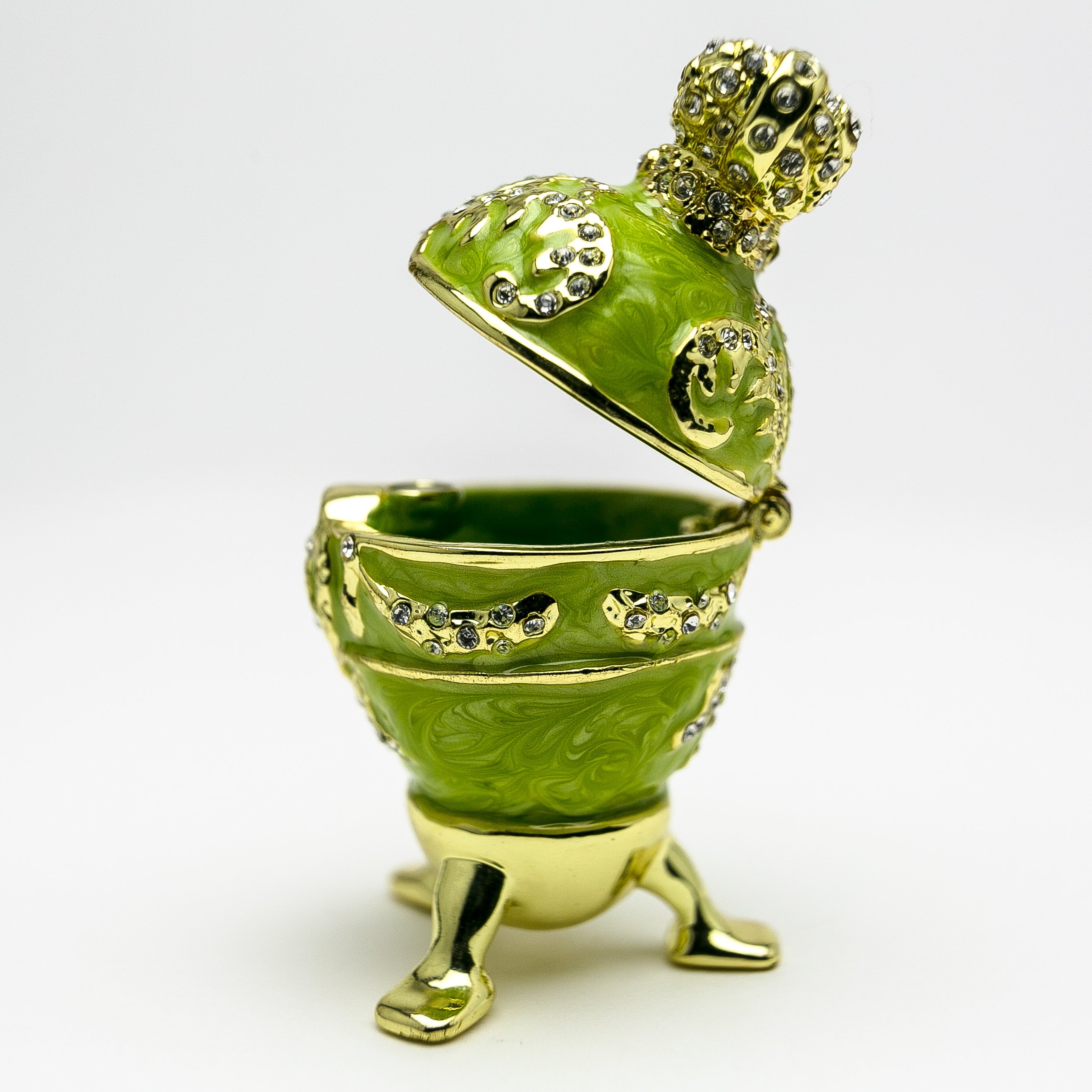 Handmade Green Faberge Egg trinket box with heart on top, adorned with Austrian crystals and 24K gold plating.