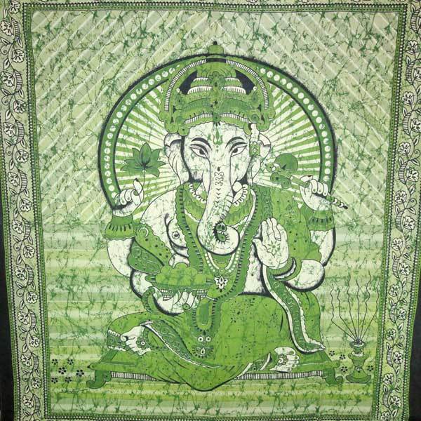 Green Ganesha tapestry featuring a lotus flower in vibrant batik tie-dye style, perfect for home decor.