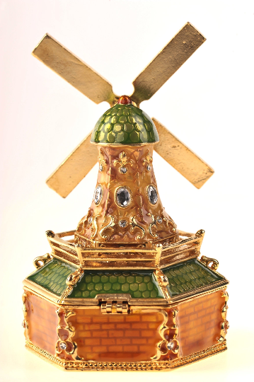 Handmade Green & Gold Windmill trinket box adorned with Austrian crystals and 24K gold plating, featuring a secure magnetic fastener.