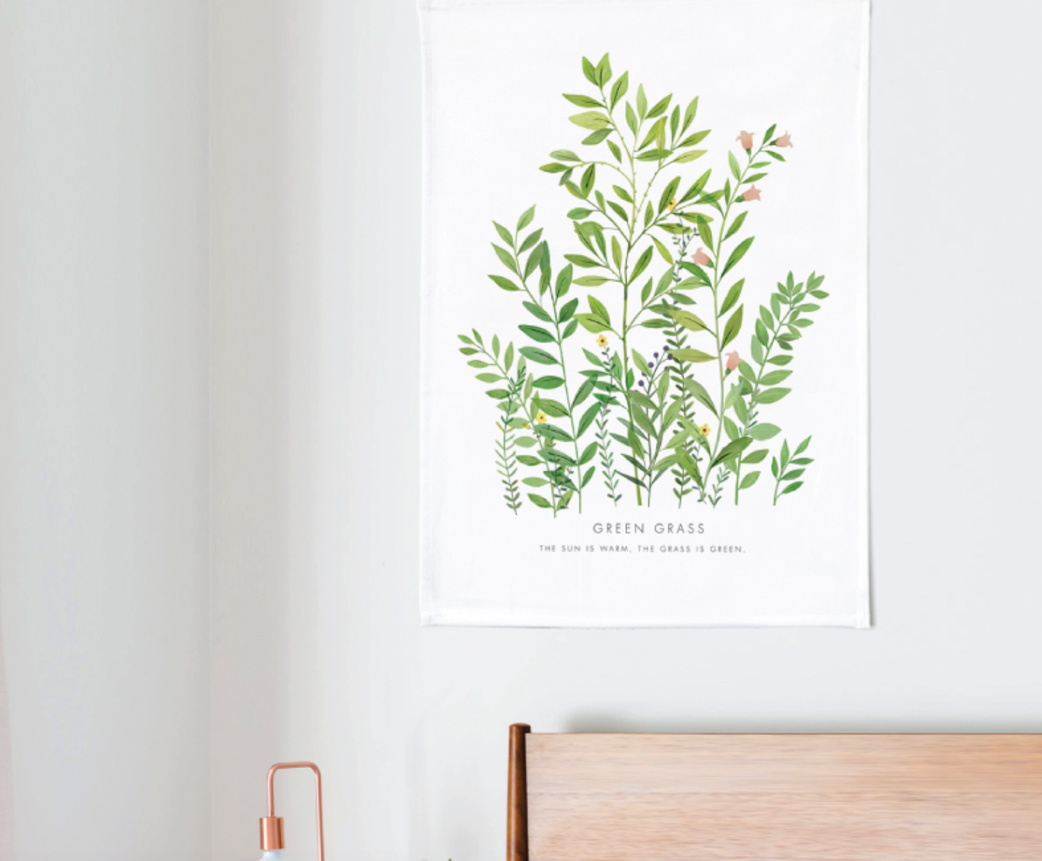 A vibrant Green Grass fabric poster measuring 50cm x 70cm, showcasing a modern design with intricate grass patterns.