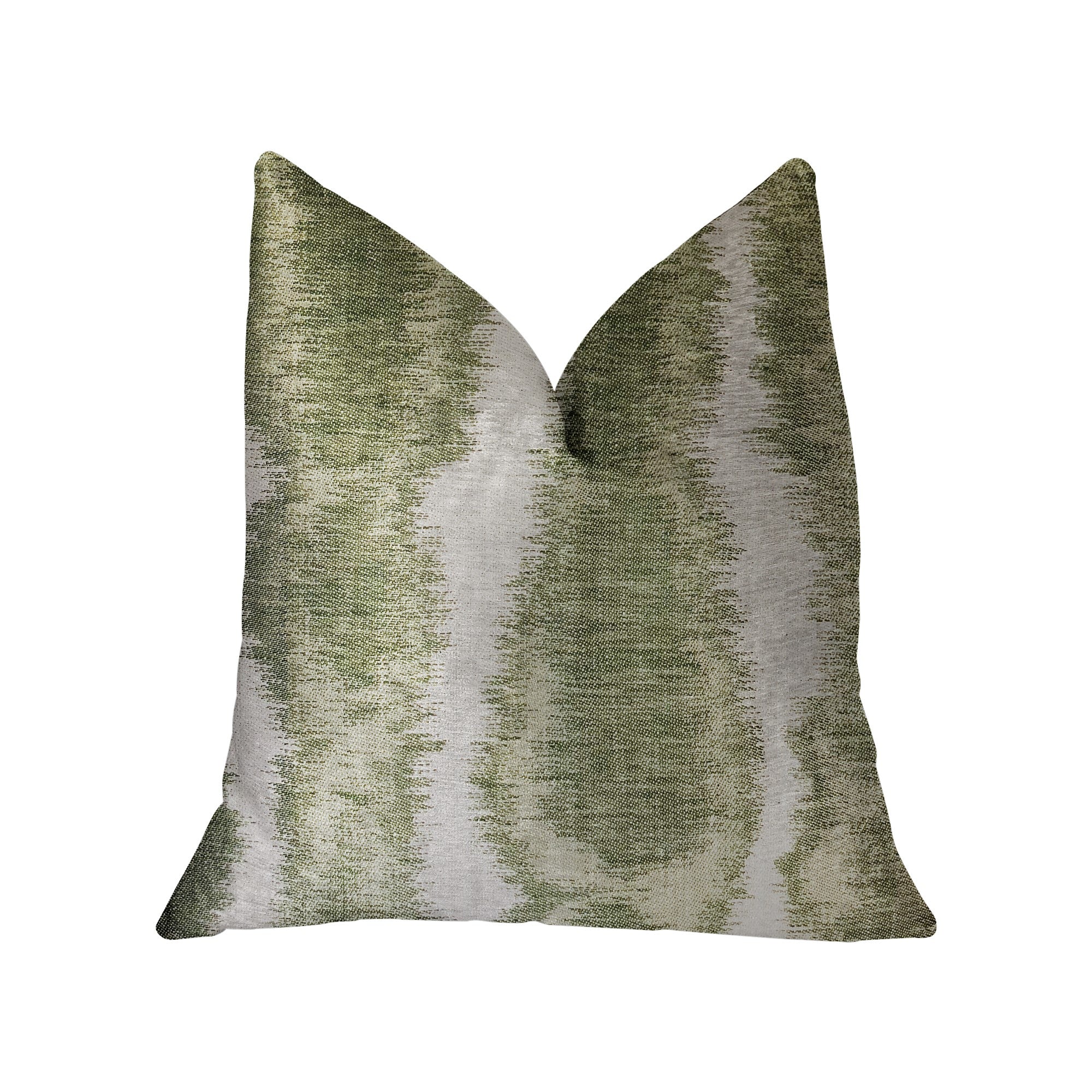 Green Haven Green and Beige Luxury Throw Pillow featuring an ikat pattern, handmade in the USA with a soft cotton-linen blend.