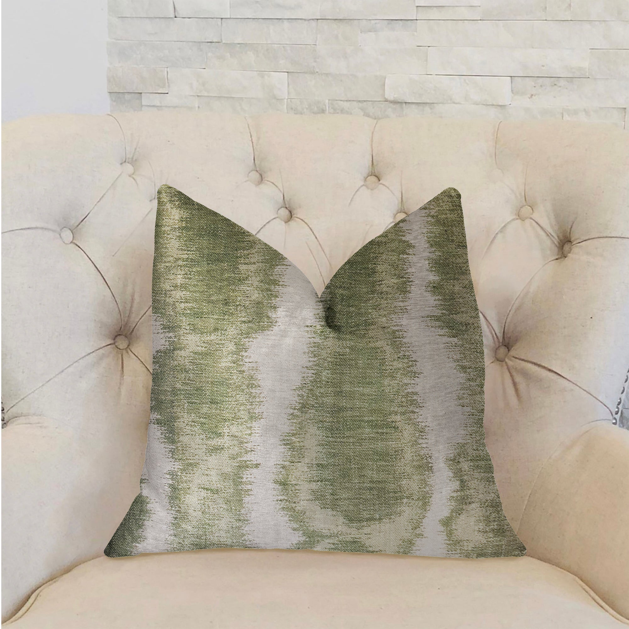 Green Haven Green and Beige Luxury Throw Pillow featuring an ikat pattern, handmade in the USA with a soft cotton-linen blend.