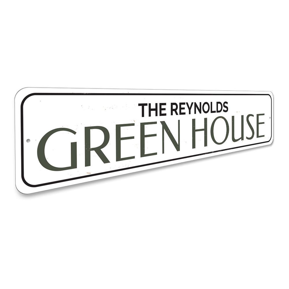 Customizable Green House Sign made of high-quality aluminum, featuring pre-drilled holes for easy mounting.