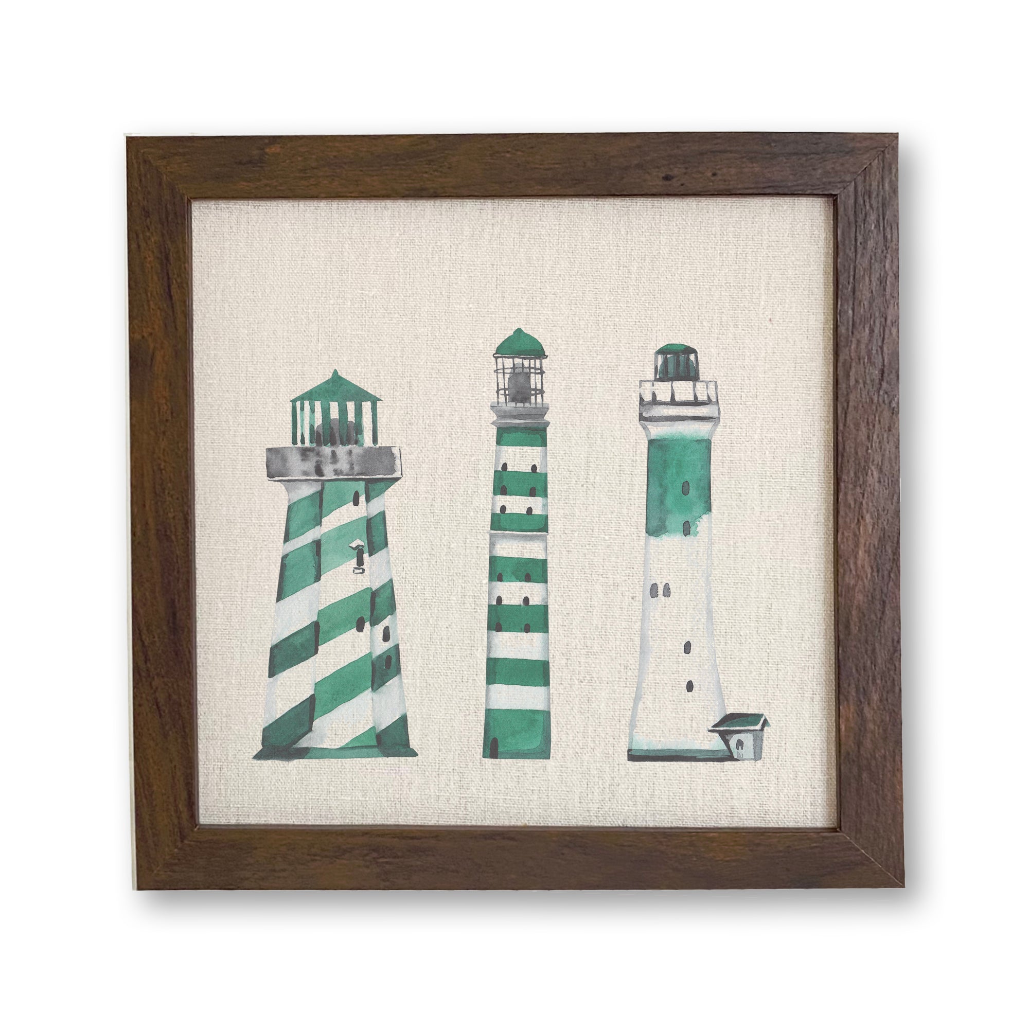 A beautifully framed sign featuring green lighthouses on a linen-look background, perfect for home decor.