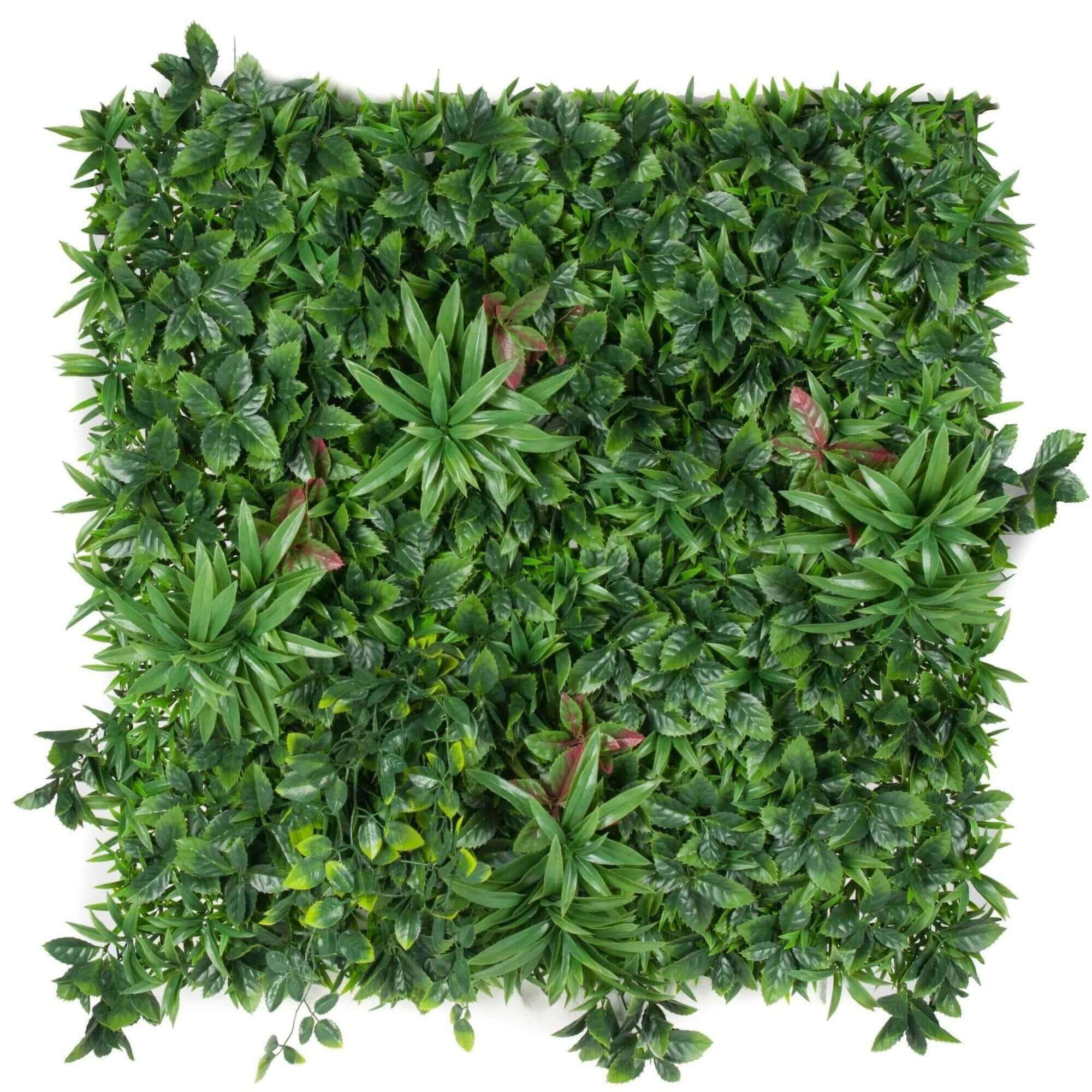 A vibrant Green Meadows Artificial Vertical Garden panel showcasing a variety of lush green plants, perfect for indoor and outdoor decoration.