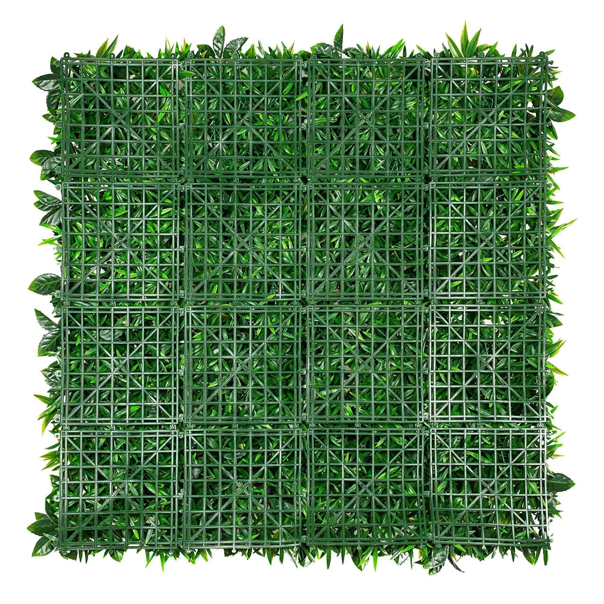 A vibrant Green Meadows Artificial Vertical Garden panel showcasing a variety of lush green plants, perfect for indoor and outdoor decoration.