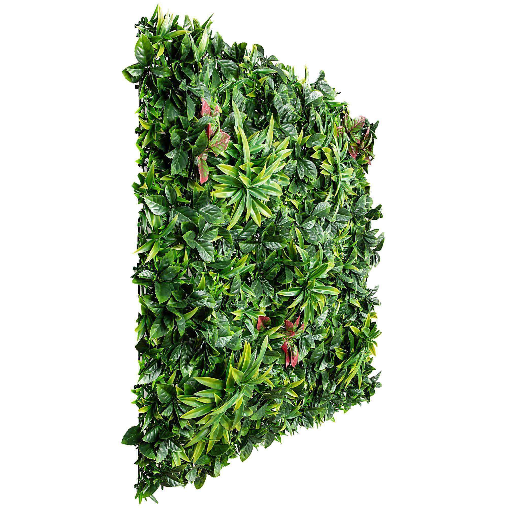 A vibrant Green Meadows Artificial Vertical Garden panel showcasing a variety of lush green plants, perfect for indoor and outdoor decoration.