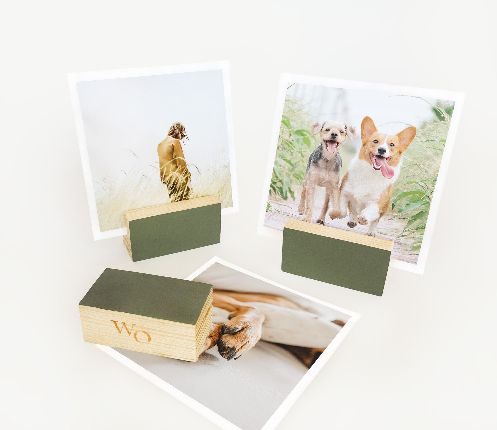 Green ombre block card holder made from eco-friendly wood, showcasing its stylish design and color options.