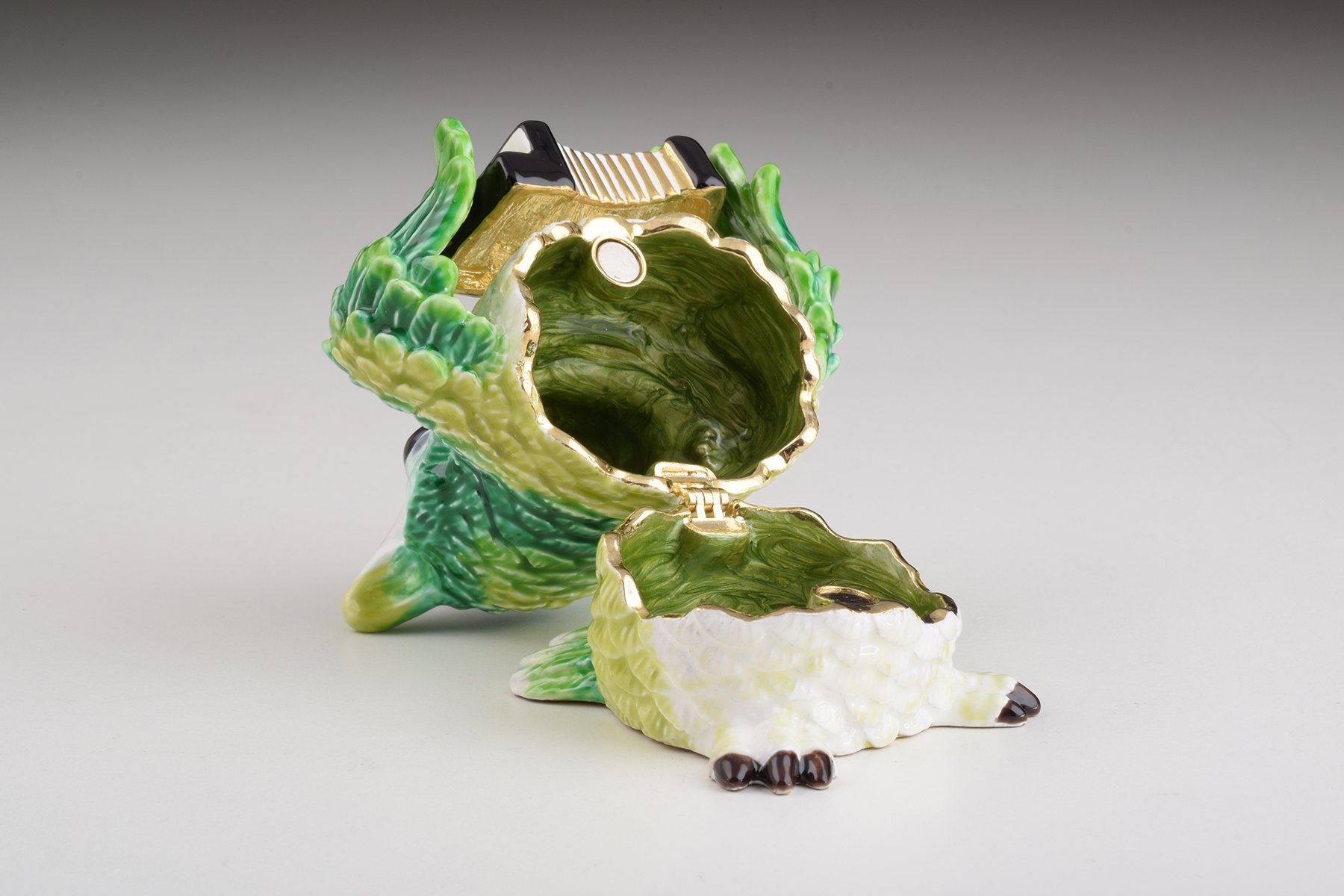 Handmade Green Owl Playing Accordion Trinket Box with Austrian crystals and 24K gold plating, featuring a secure magnetic fastener.