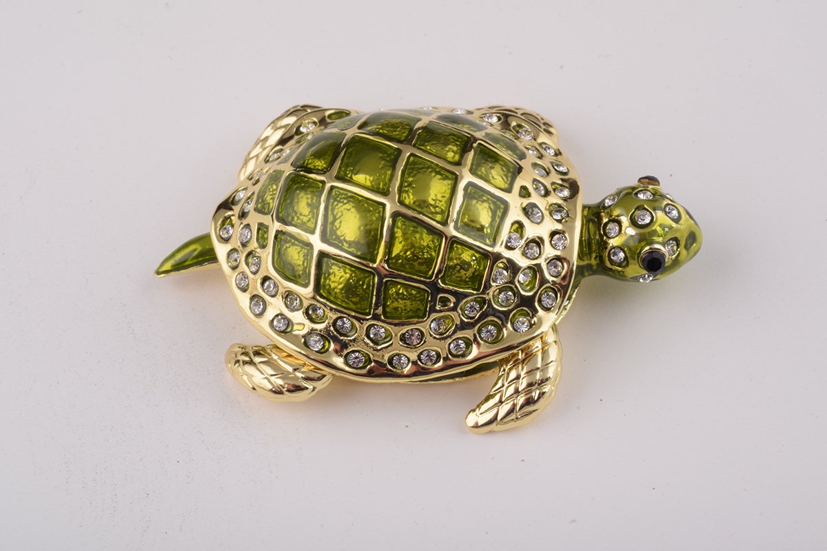 Handcrafted Green Sea Turtle trinket box with Austrian crystals and 24K gold plating, featuring a secure magnetic fastener.