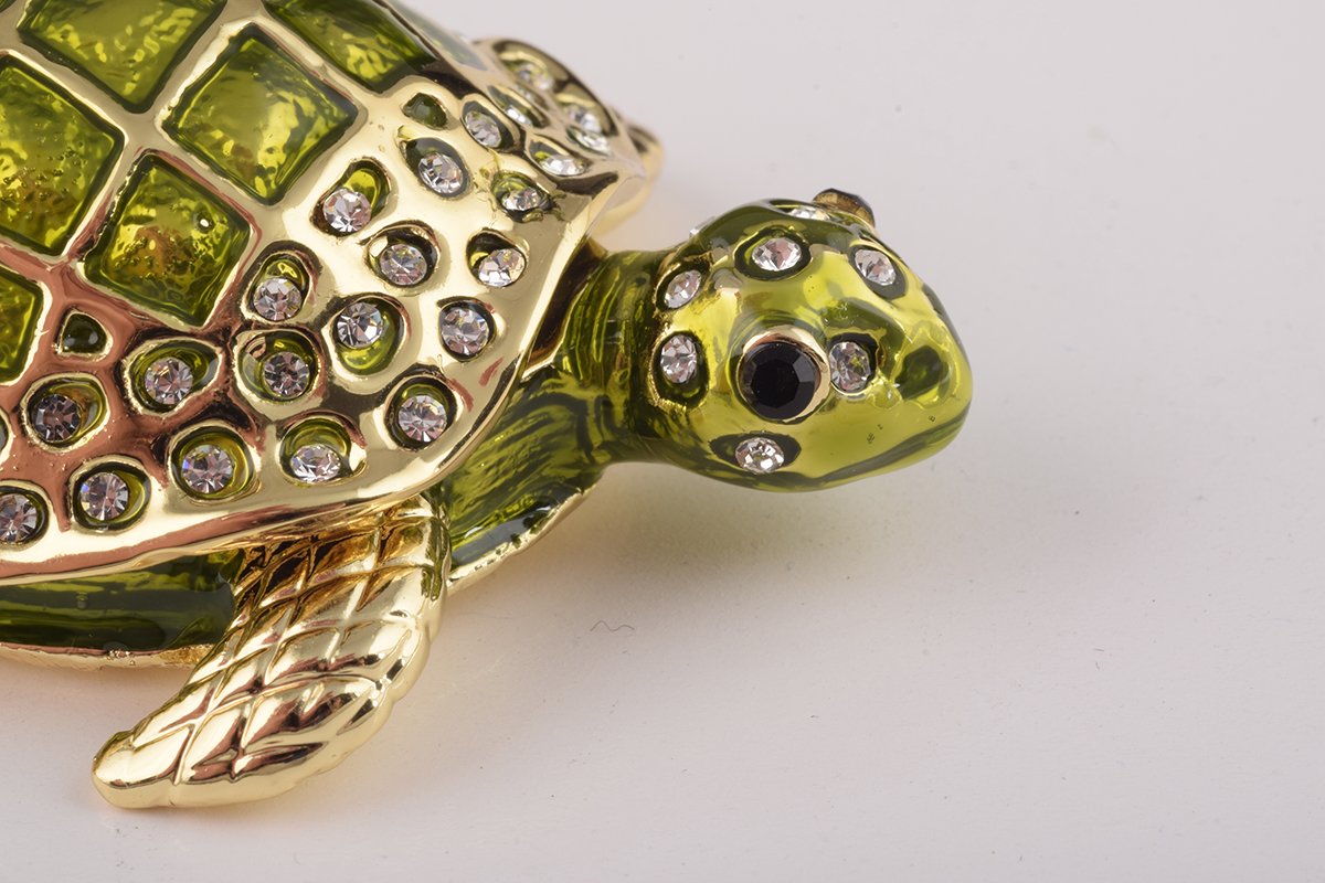 Handcrafted Green Sea Turtle trinket box with Austrian crystals and 24K gold plating, featuring a secure magnetic fastener.