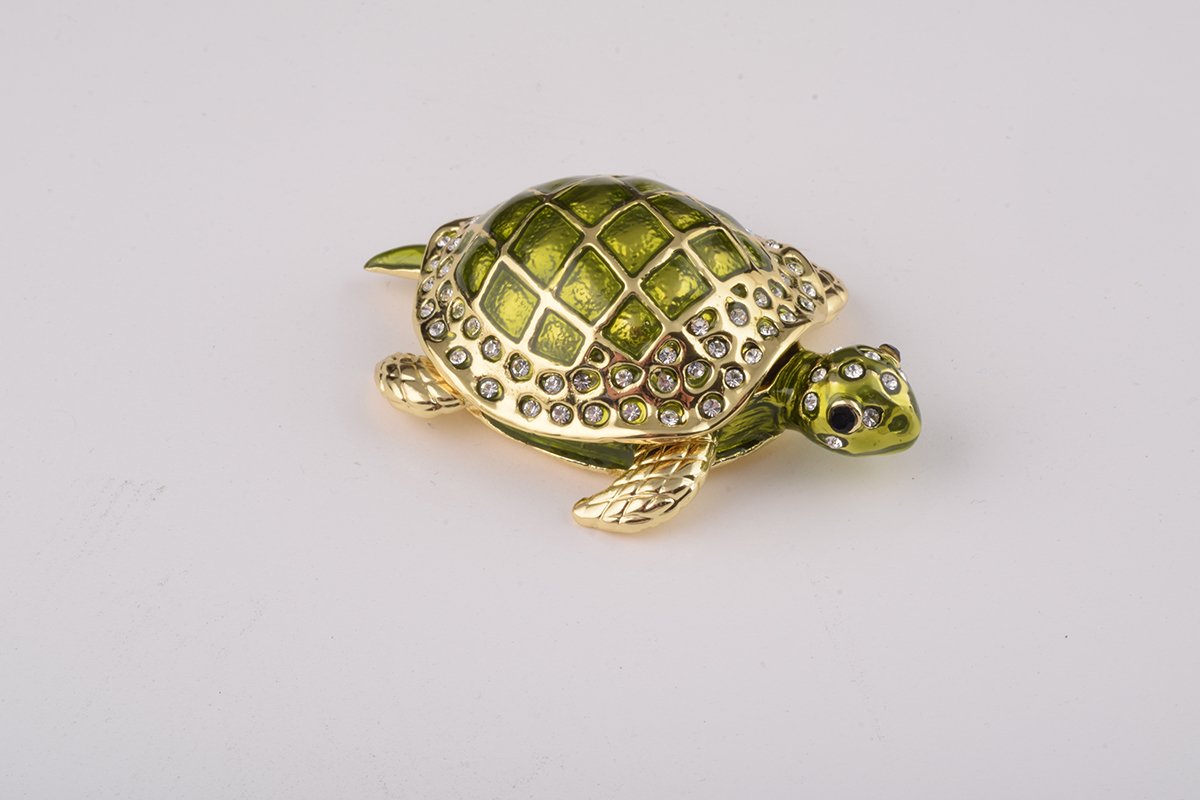 Handcrafted Green Sea Turtle trinket box with Austrian crystals and 24K gold plating, featuring a secure magnetic fastener.