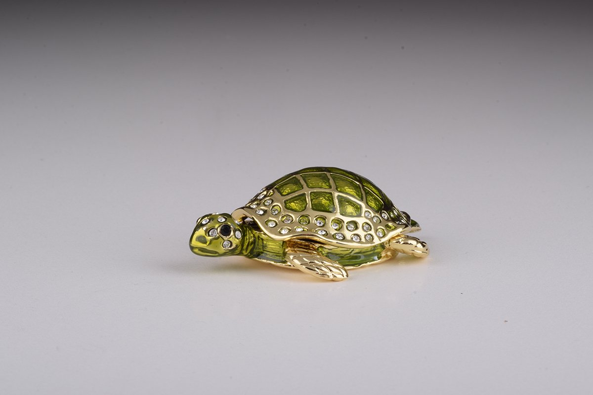 Handcrafted Green Sea Turtle trinket box with Austrian crystals and 24K gold plating, featuring a secure magnetic fastener.