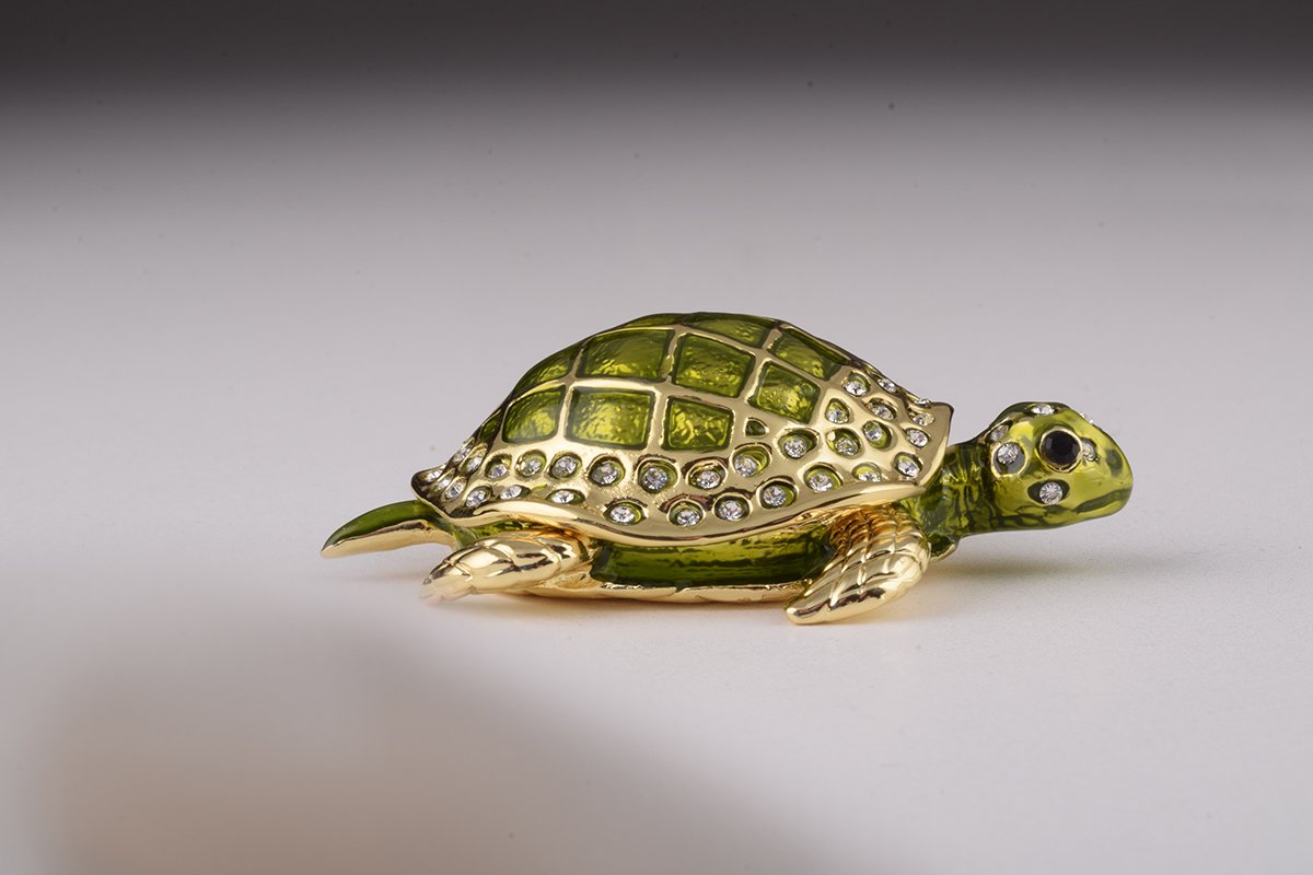 Handcrafted Green Sea Turtle trinket box with Austrian crystals and 24K gold plating, featuring a secure magnetic fastener.