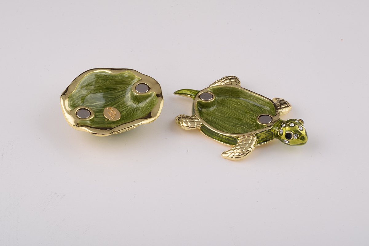 Handcrafted Green Sea Turtle trinket box with Austrian crystals and 24K gold plating, featuring a secure magnetic fastener.