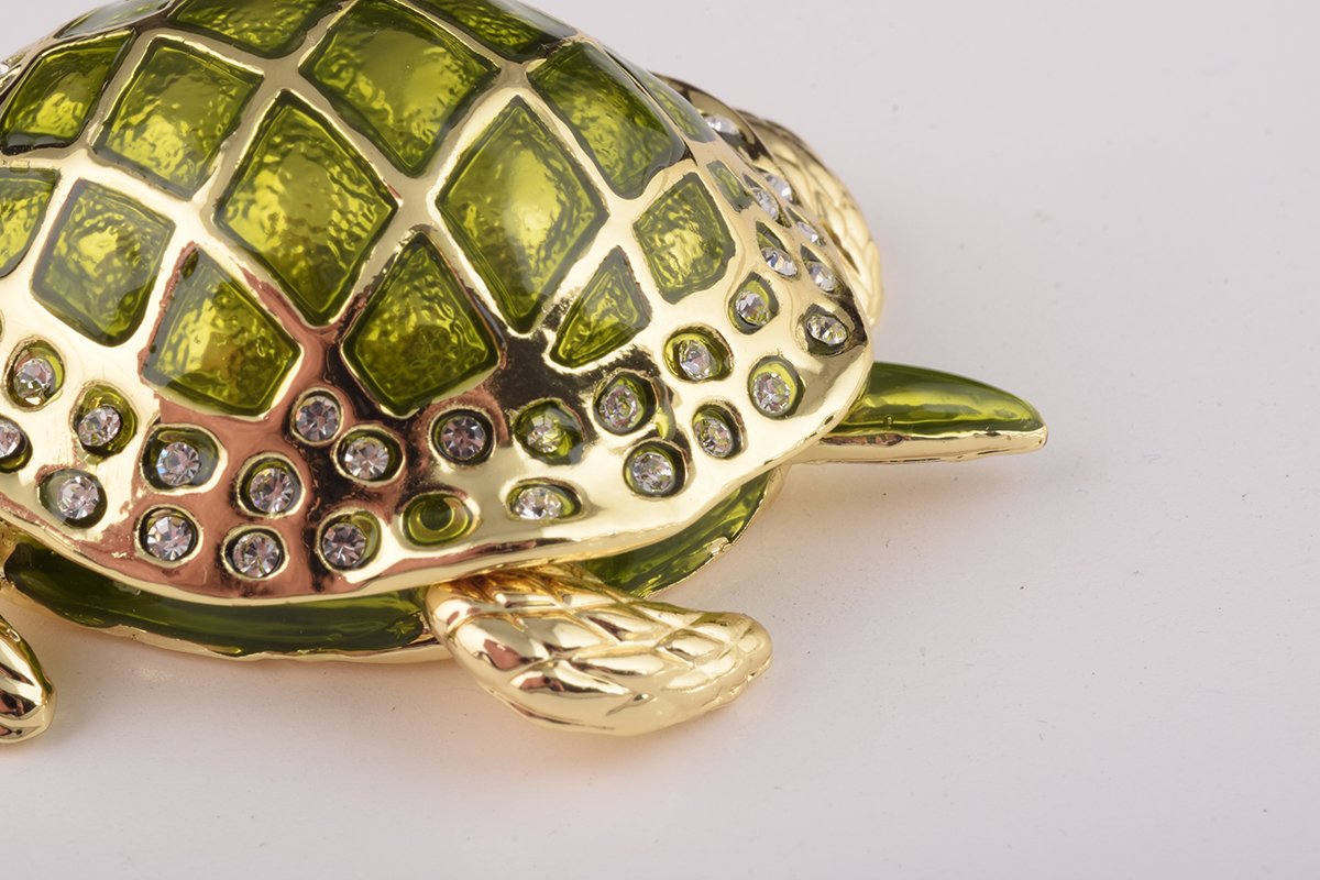 Handcrafted Green Sea Turtle trinket box with Austrian crystals and 24K gold plating, featuring a secure magnetic fastener.