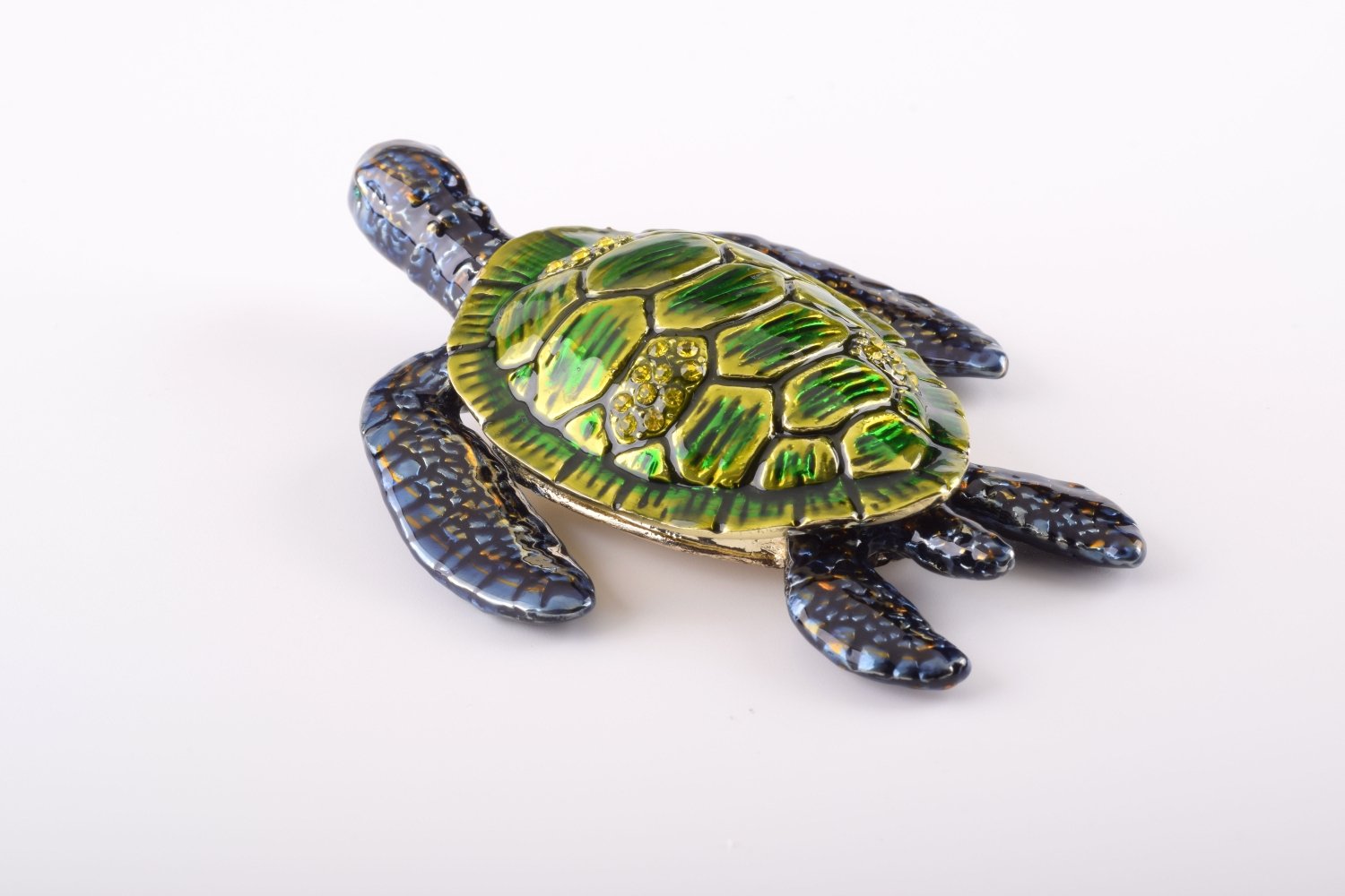 Handcrafted Green Sea Turtle trinket box with Austrian crystals and gold plating, featuring a magnetic closure.