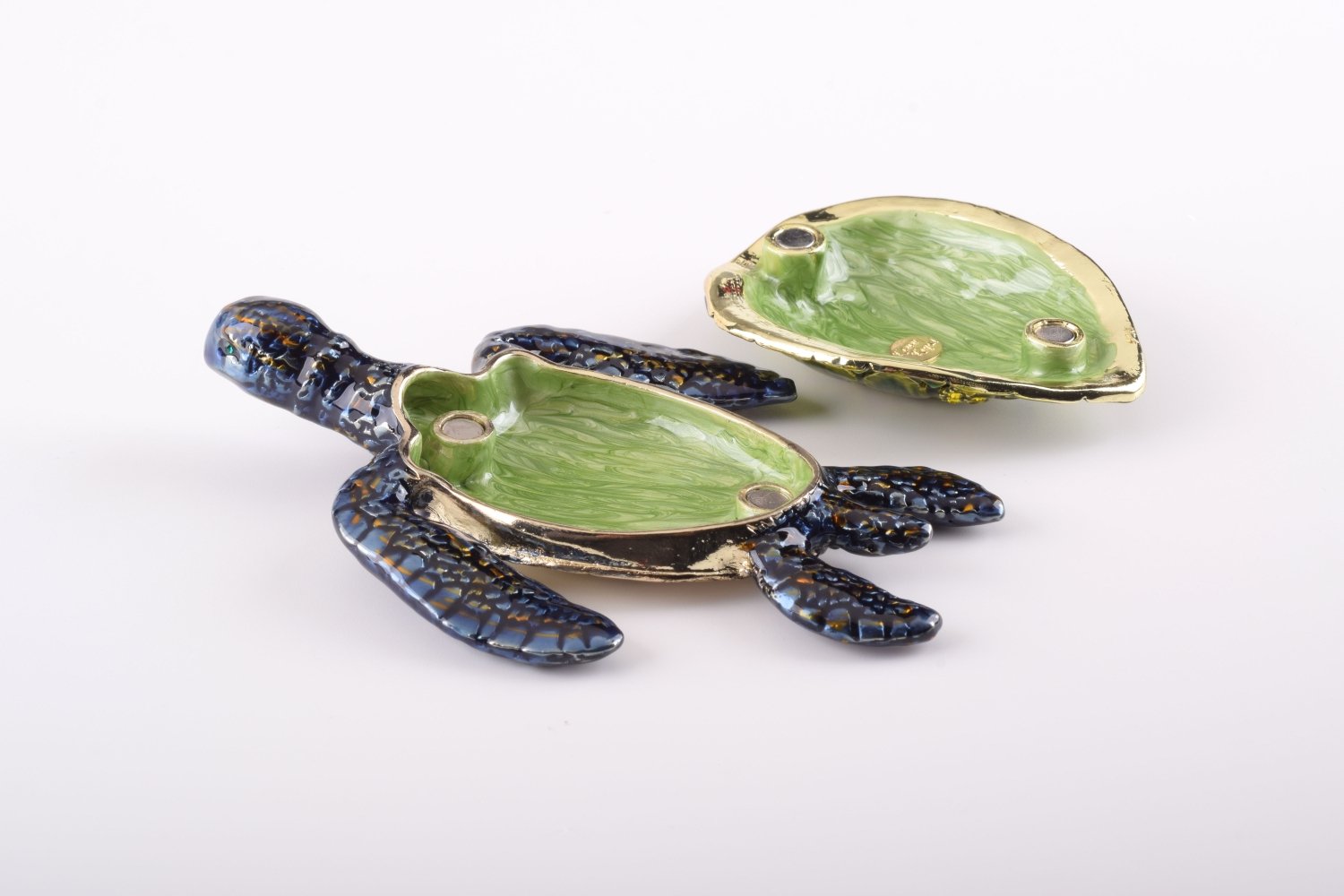 Handcrafted Green Sea Turtle trinket box with Austrian crystals and gold plating, featuring a magnetic closure.