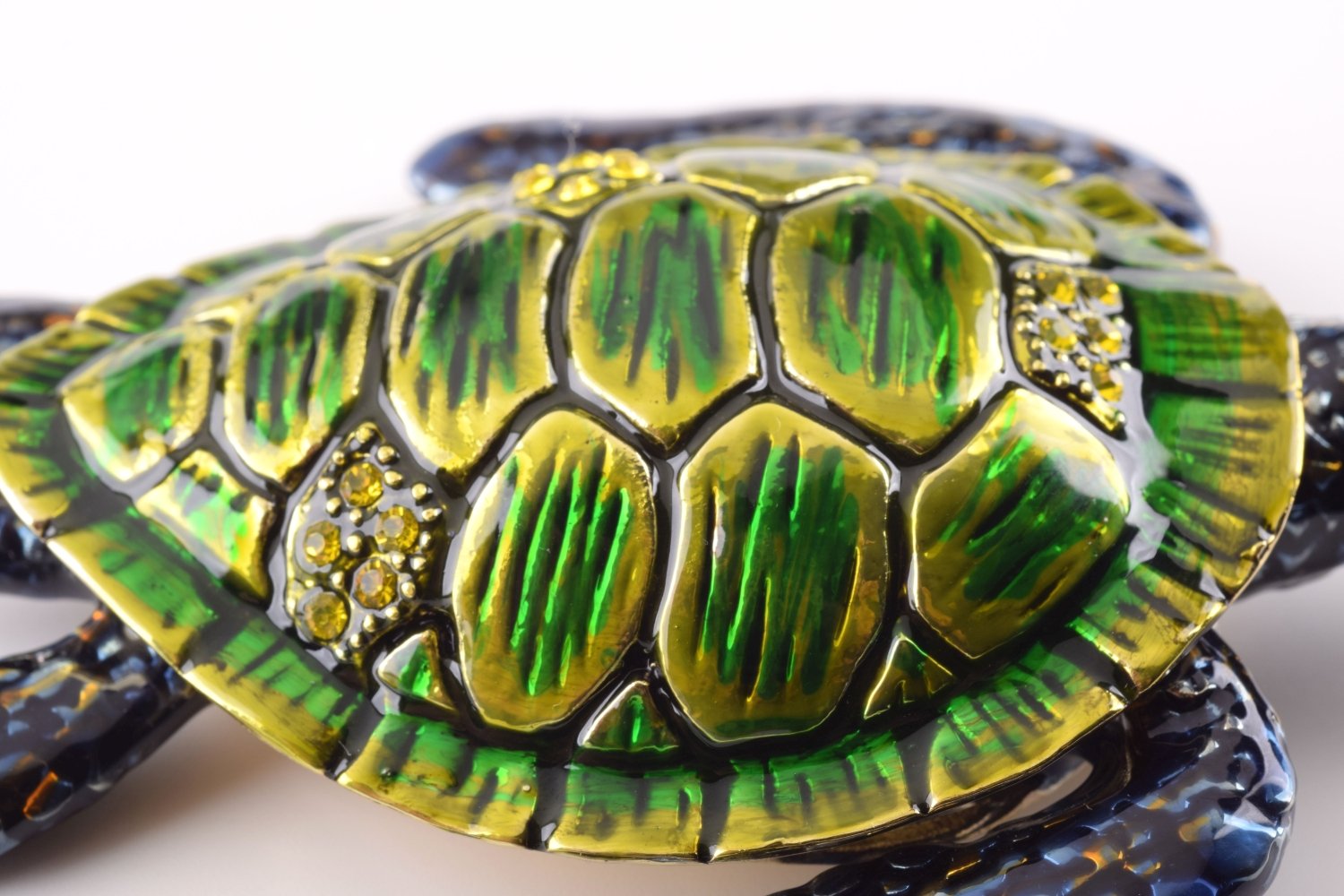 Handcrafted Green Sea Turtle trinket box with Austrian crystals and gold plating, featuring a magnetic closure.