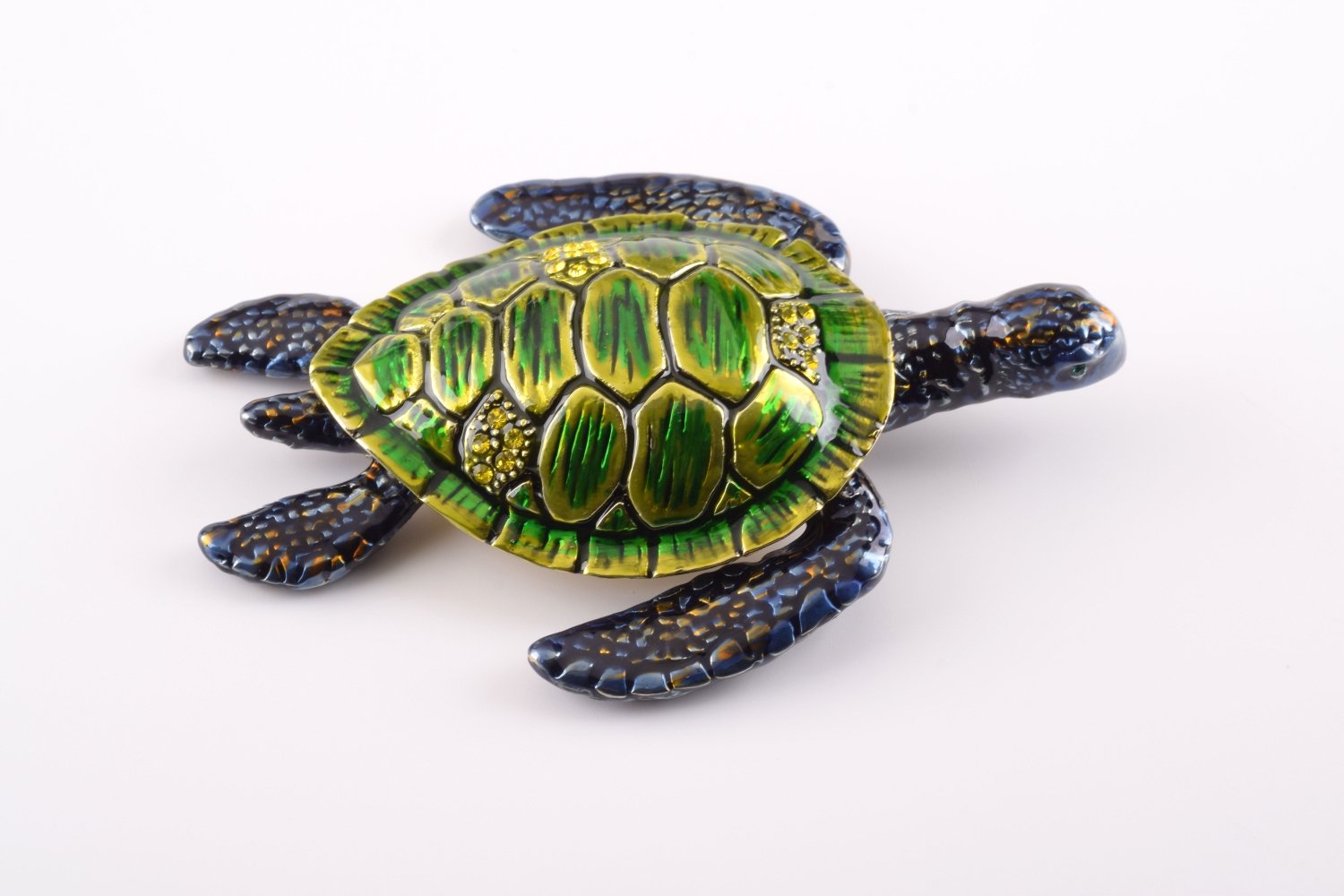 Handcrafted Green Sea Turtle trinket box with Austrian crystals and gold plating, featuring a magnetic closure.