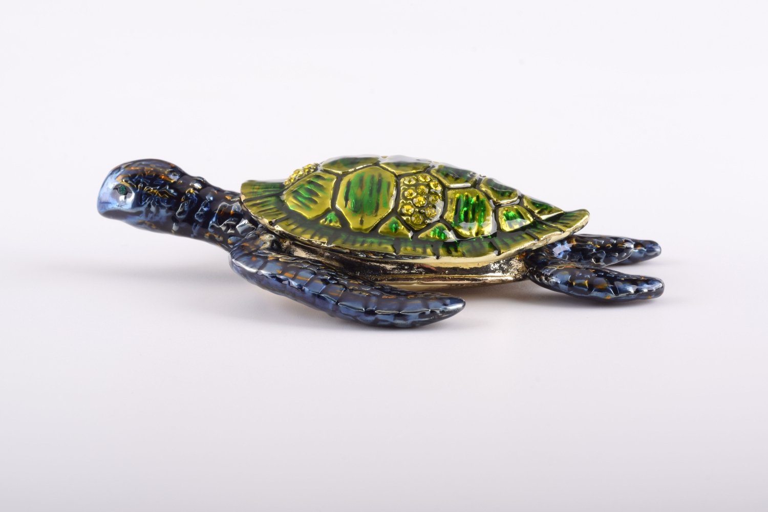 Handcrafted Green Sea Turtle trinket box with Austrian crystals and gold plating, featuring a magnetic closure.