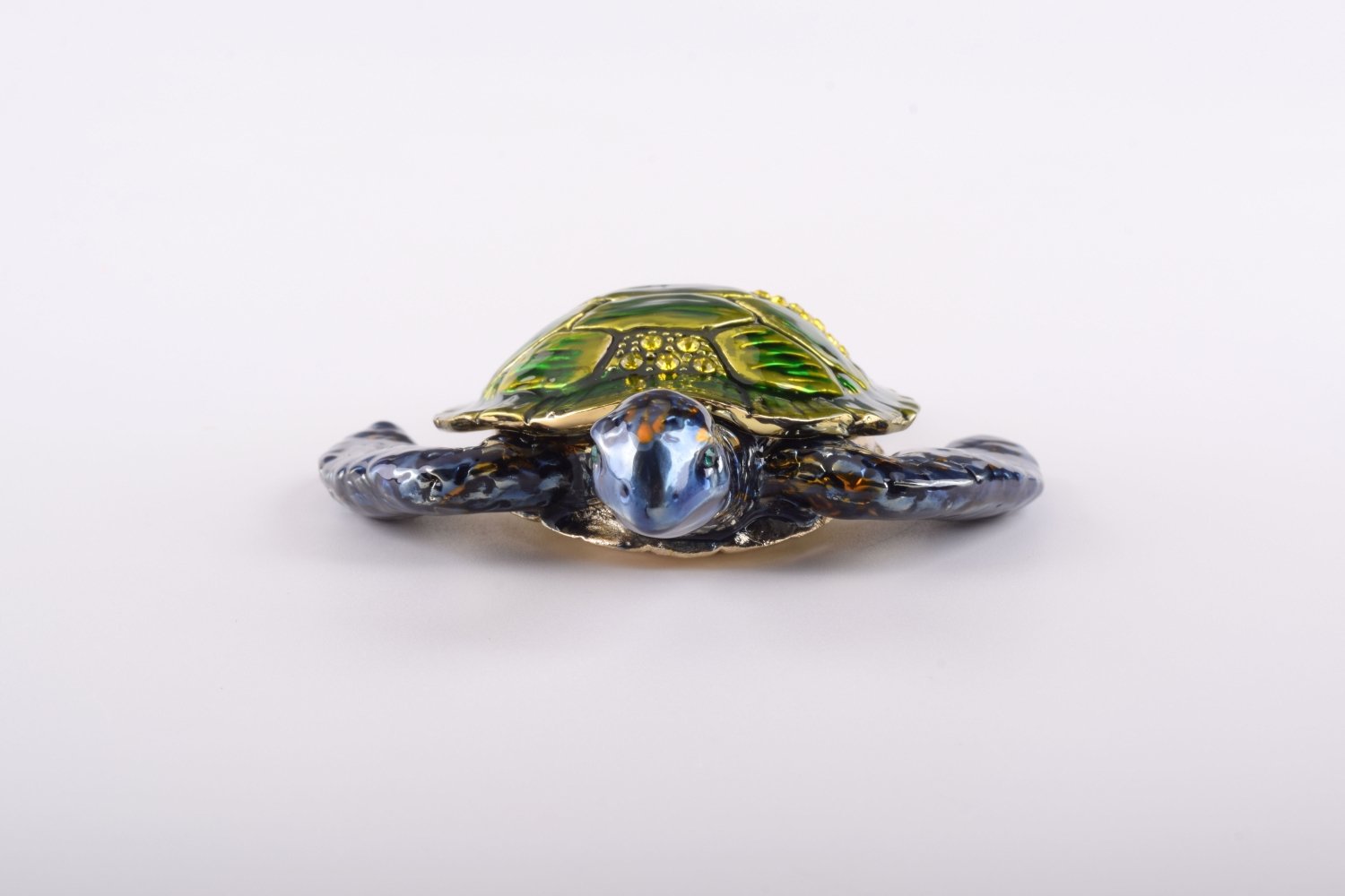 Handcrafted Green Sea Turtle trinket box with Austrian crystals and gold plating, featuring a magnetic closure.