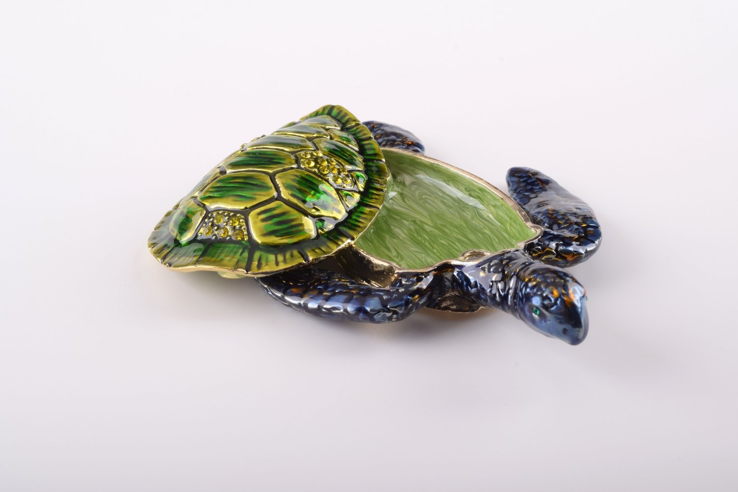 Handcrafted Green Sea Turtle trinket box with Austrian crystals and gold plating, featuring a magnetic closure.