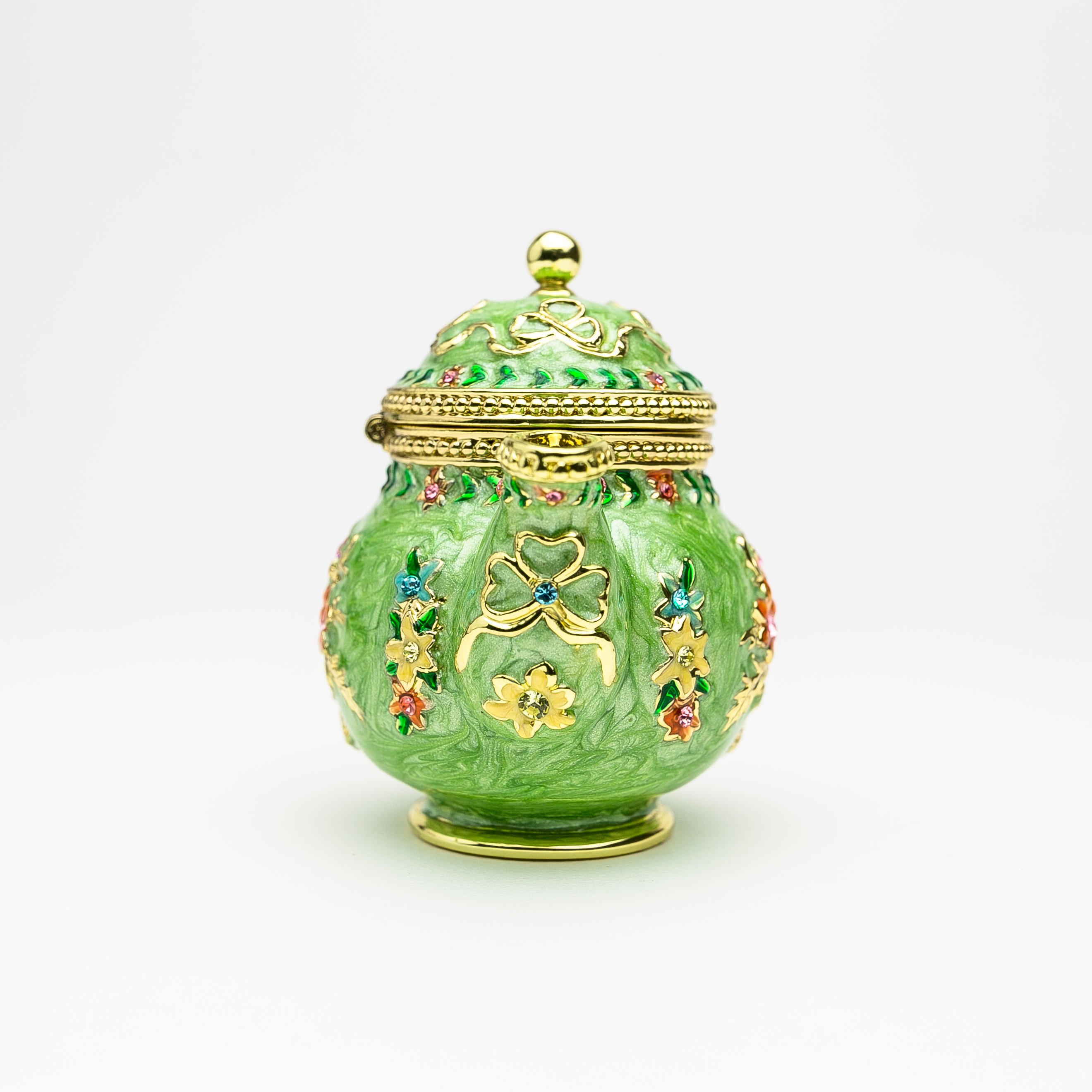 A beautifully crafted Green Teapot trinket box, handmade with Austrian crystals and plated with 24K gold or 925 silver, showcasing intricate details.