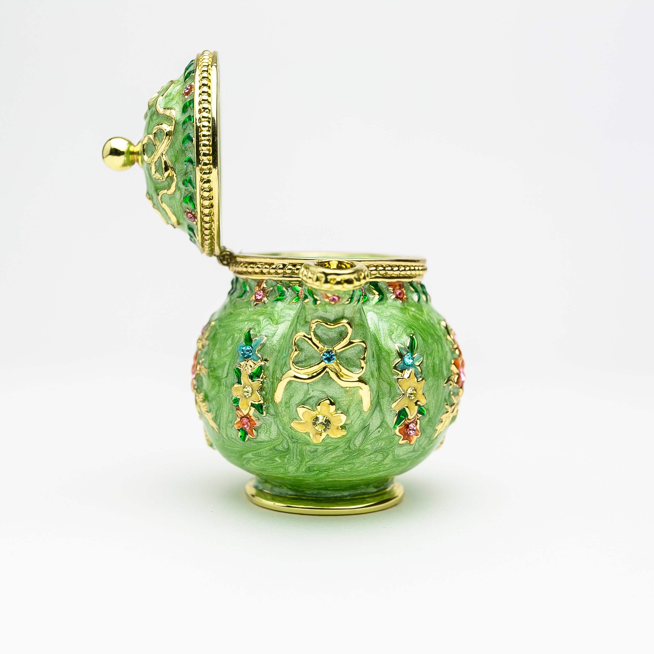 A beautifully crafted Green Teapot trinket box, handmade with Austrian crystals and plated with 24K gold or 925 silver, showcasing intricate details.