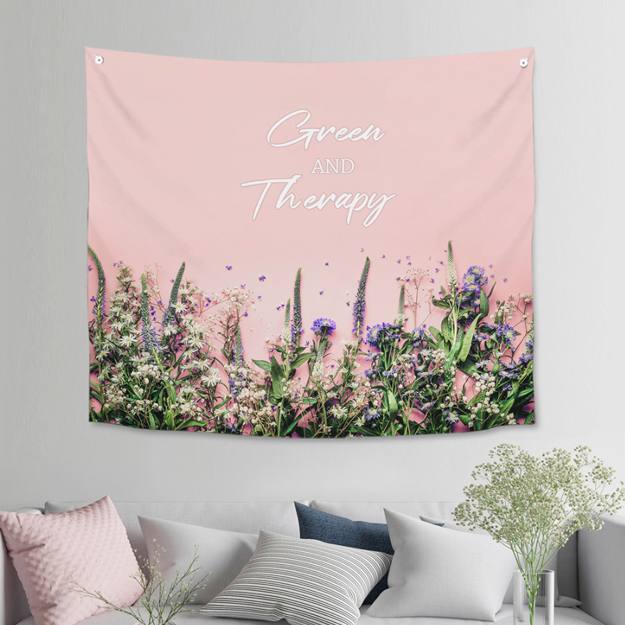 Green Therapy fabric poster measuring 150cm x 130cm, featuring a modern design with vibrant colors and intricate patterns, perfect for home decor.