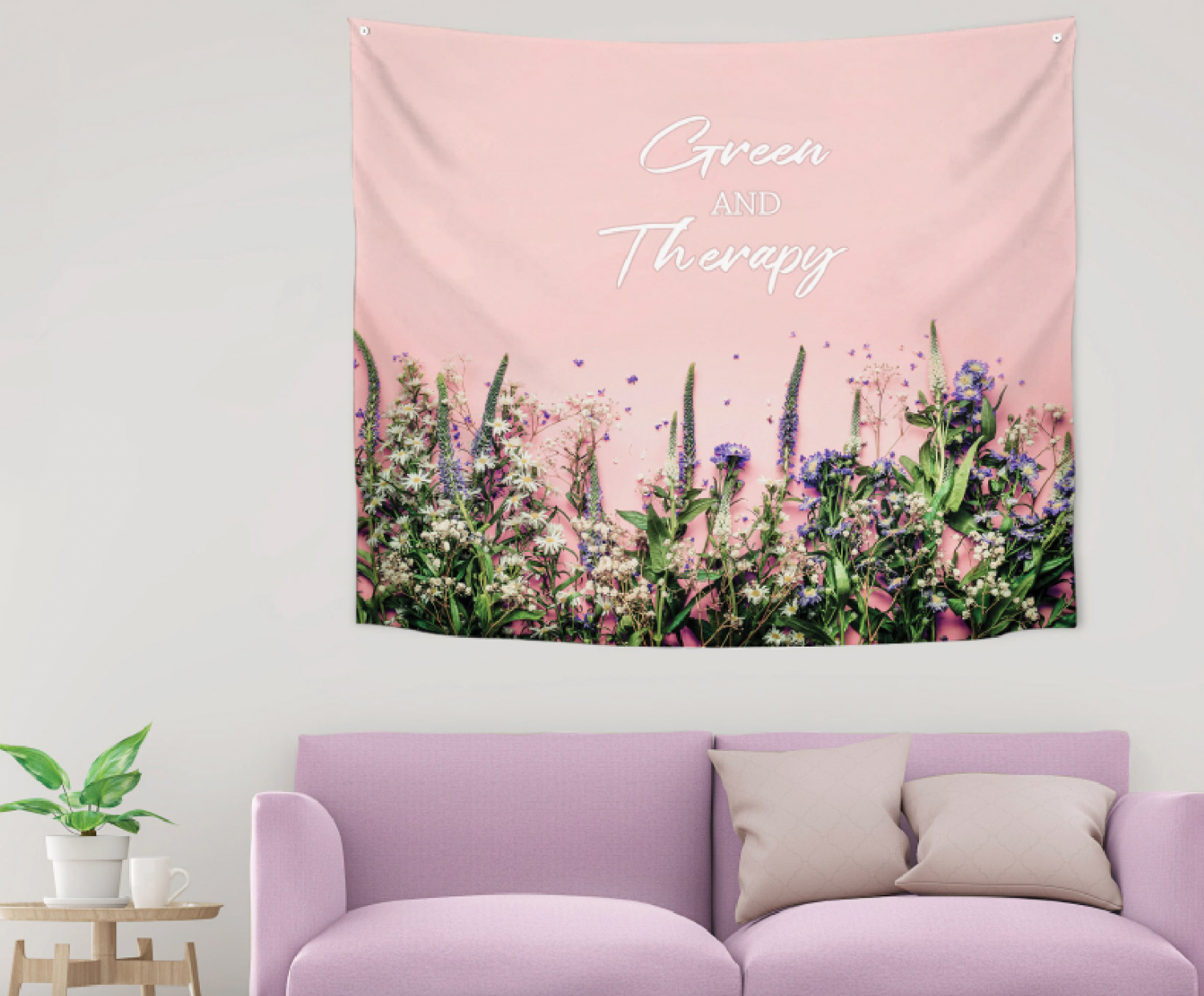 Green Therapy fabric poster measuring 150cm x 130cm, featuring a modern design with vibrant colors and intricate patterns, perfect for home decor.