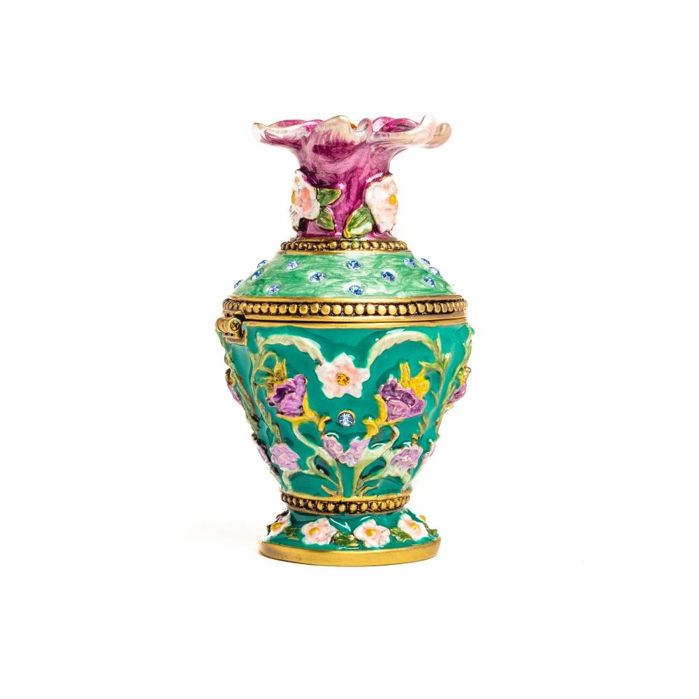 A beautifully handcrafted Green Vase Trinket Box adorned with Austrian crystals and plated with 24K gold, showcasing intricate enamel work.