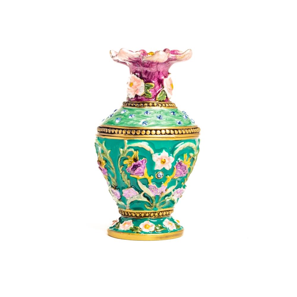 A beautifully handcrafted Green Vase Trinket Box adorned with Austrian crystals and plated with 24K gold, showcasing intricate enamel work.