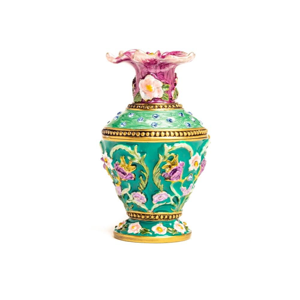 A beautifully handcrafted Green Vase Trinket Box adorned with Austrian crystals and plated with 24K gold, showcasing intricate enamel work.