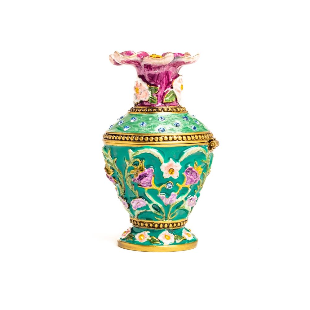 A beautifully handcrafted Green Vase Trinket Box adorned with Austrian crystals and plated with 24K gold, showcasing intricate enamel work.