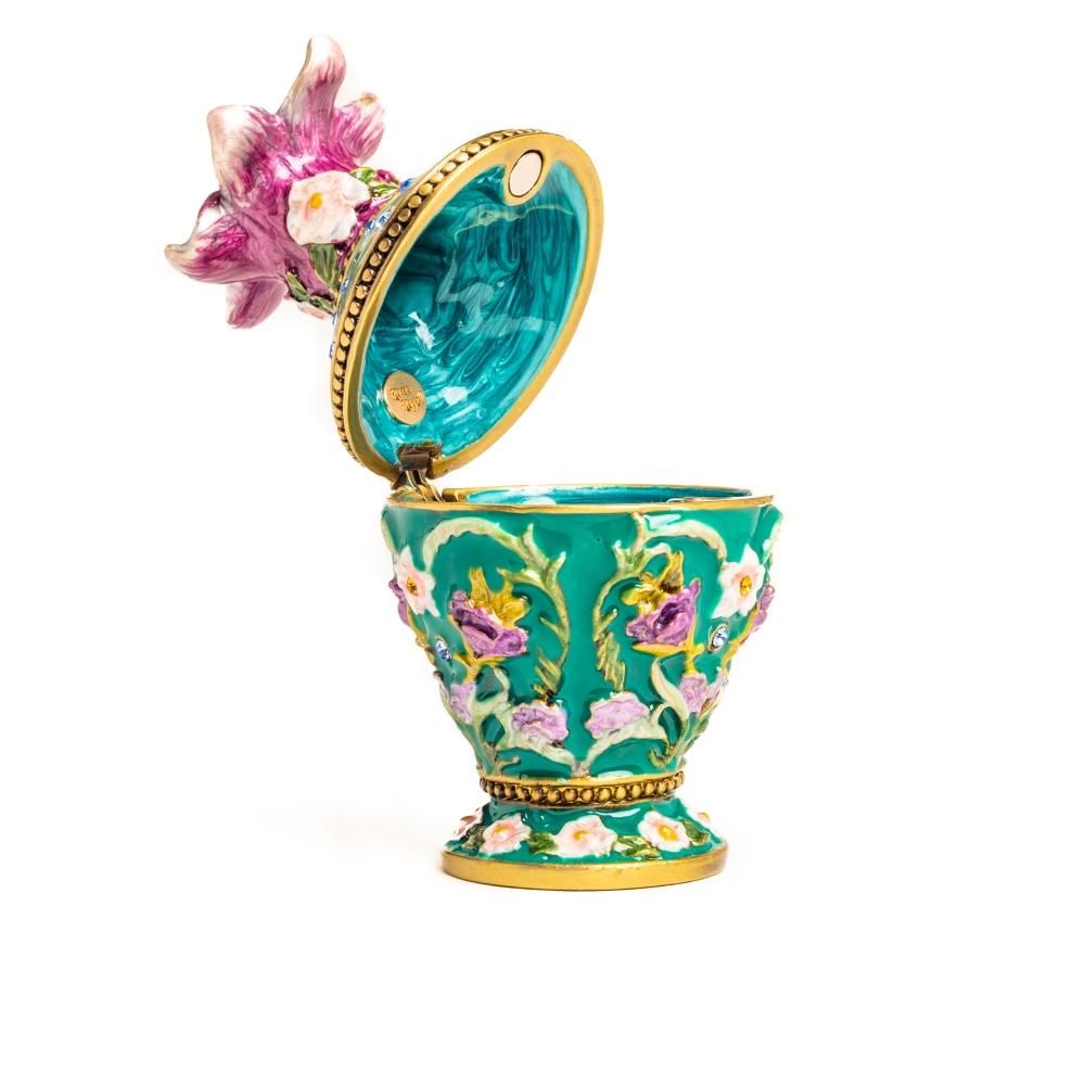 A beautifully handcrafted Green Vase Trinket Box adorned with Austrian crystals and plated with 24K gold, showcasing intricate enamel work.